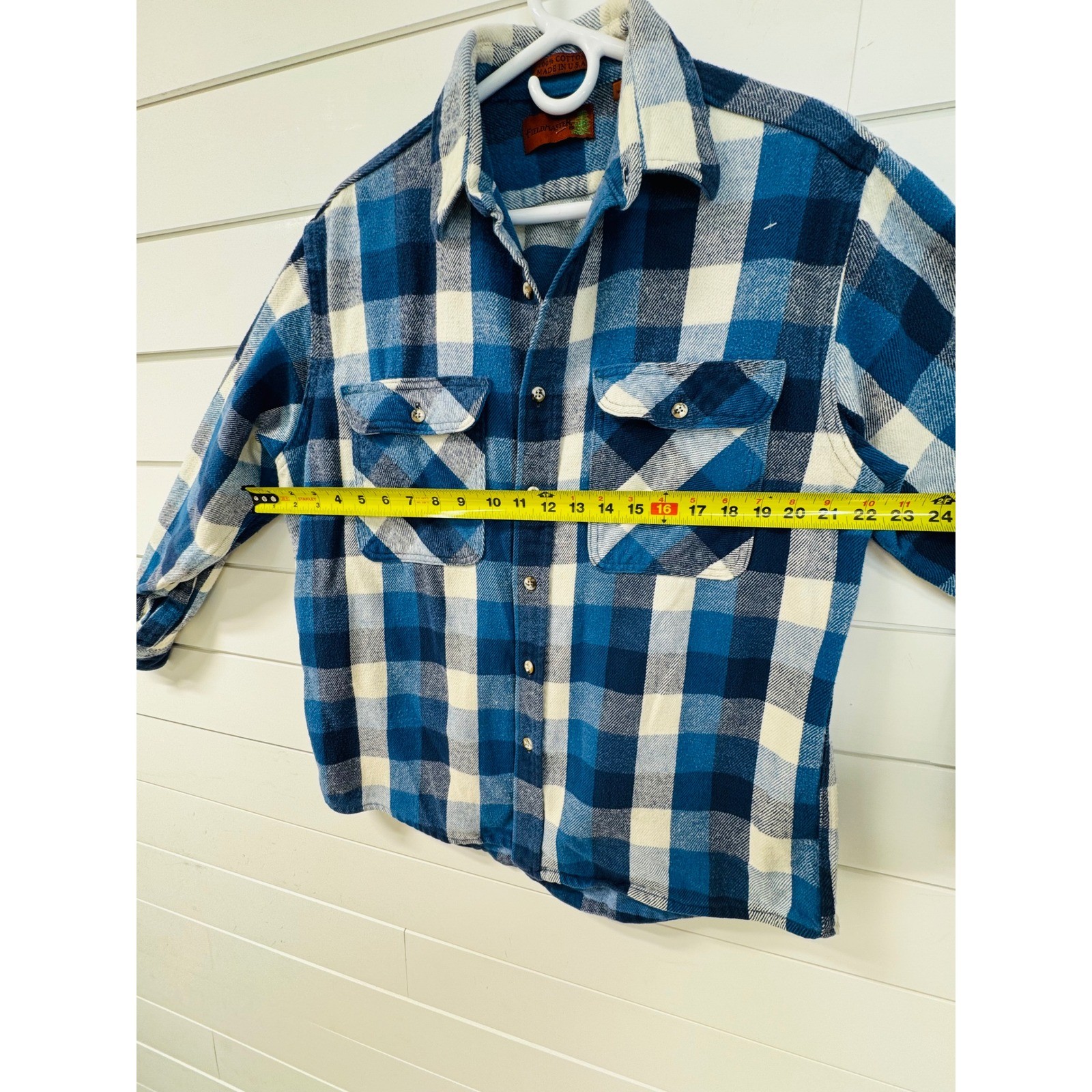 Fieldmaster Vintage Blue Buffalo Plaid Flannel Shirt Made in USA Cotton Large