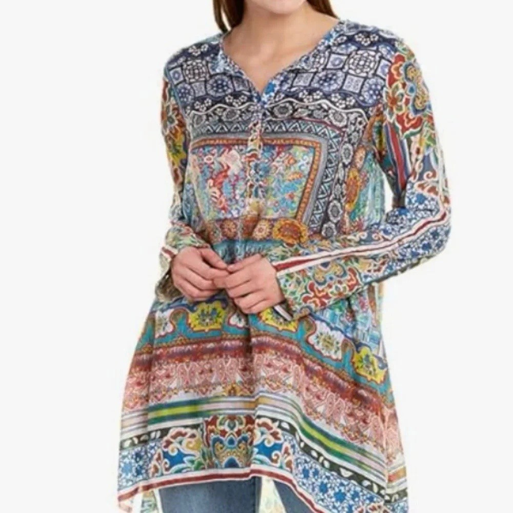 New! Johnny Was Silk Frame Tunic Multicolor Patchwork Boho Blouse Medium