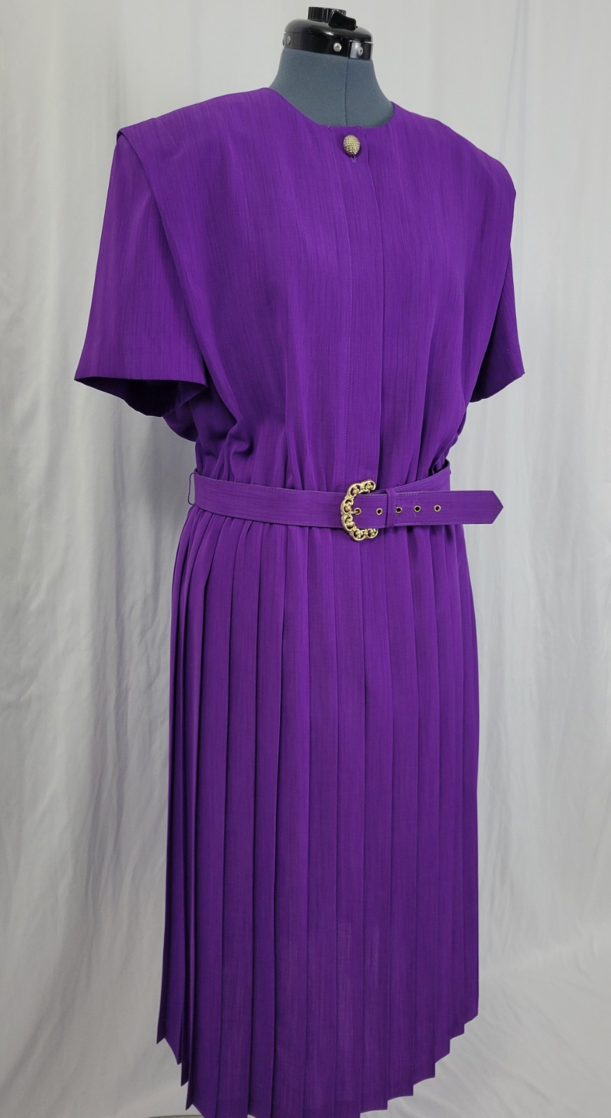 Vintage Leslie Fay Purple Blouson Dress w Pleated Skirt & Matching Belt Size 16
