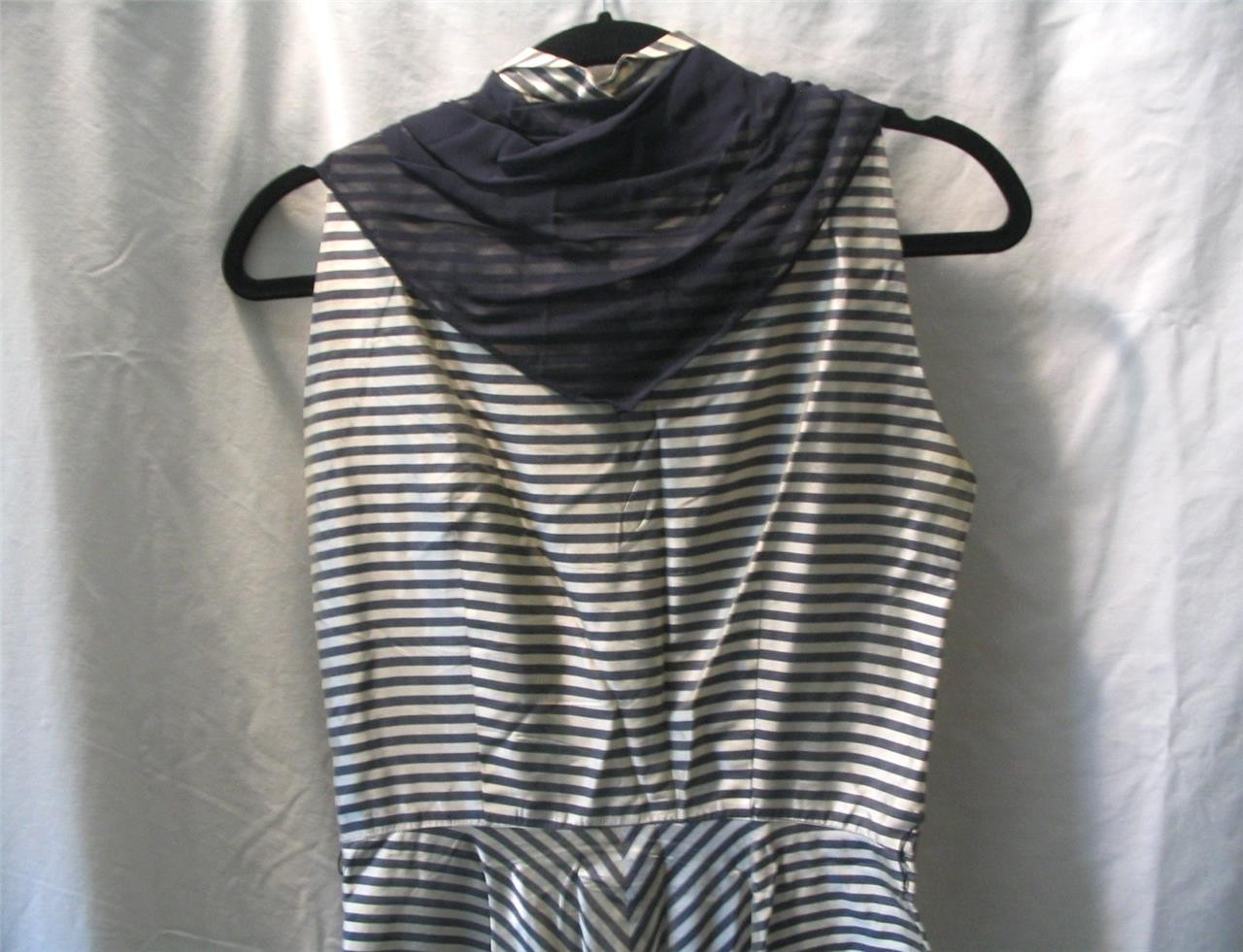 VINTAGE 1950s CUSTOM MADE GRAY & IVORY SILK STRIPED MITERED SLEEVELES DRESS ~38&Prime;