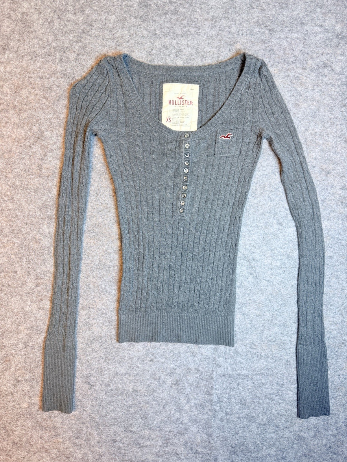 VTG Y2K Hollister Cable Knit Henley Gray Sweater Women&rsquo;s Sz XS Bella Swan Elena