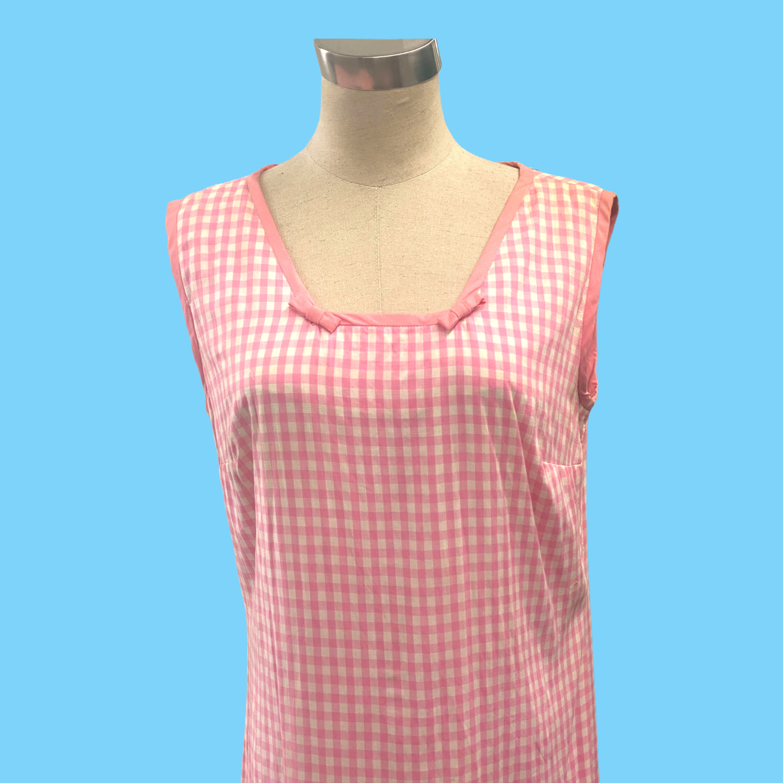 Vintage Pink Gingham Check Drop Waist Dress W/ White Cotton Eyelet Skirt M