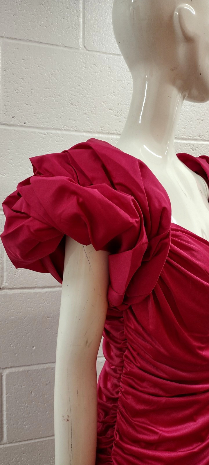 1980s Couture Dress Pink Fuchsia Balloon Sleeve Rhinestone Buttons SAMIR 80s M
