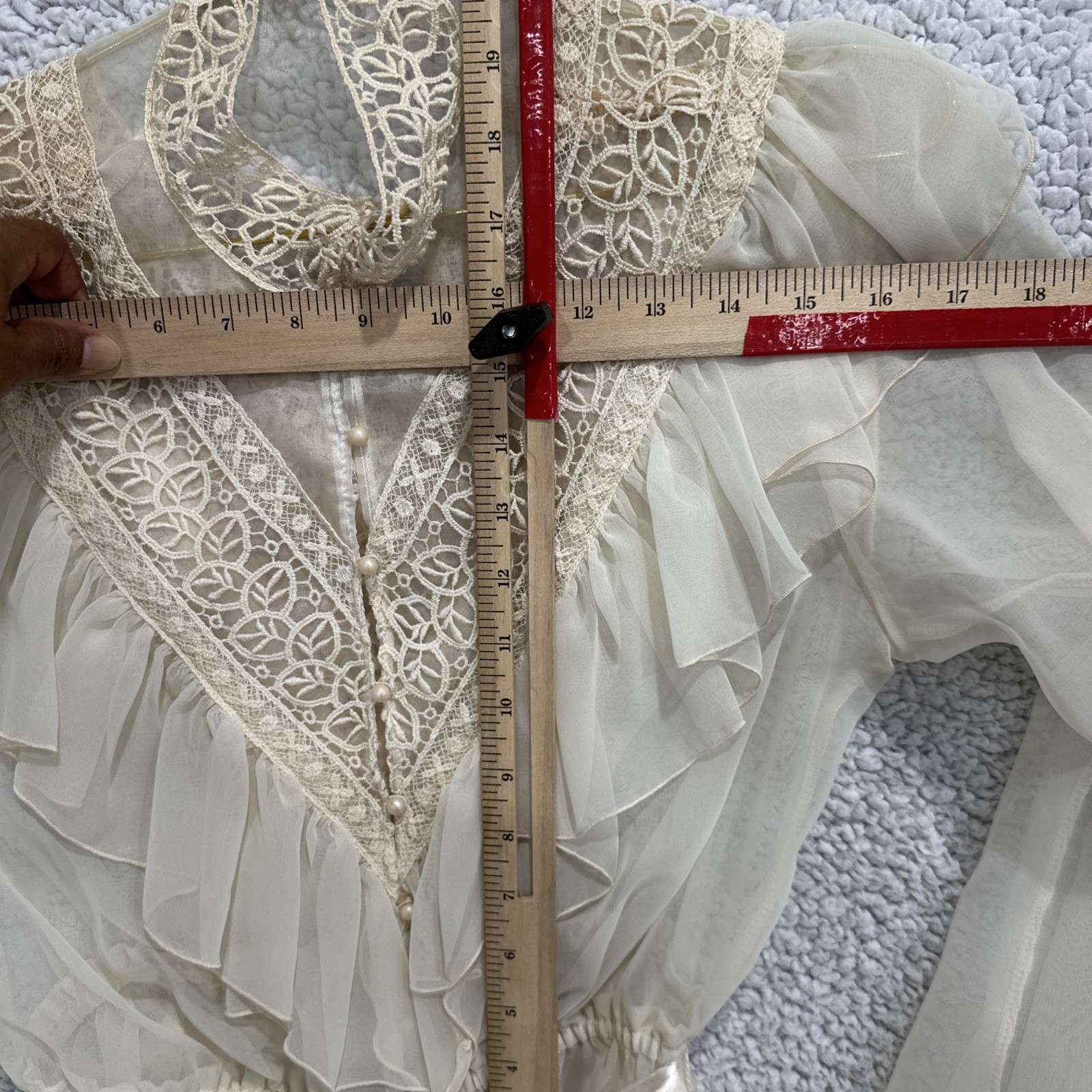 Vtg 70s ILGWU Ivory Peignoir Style Dress Sheer Chiffon Lace Yoke 9/10 Cottage