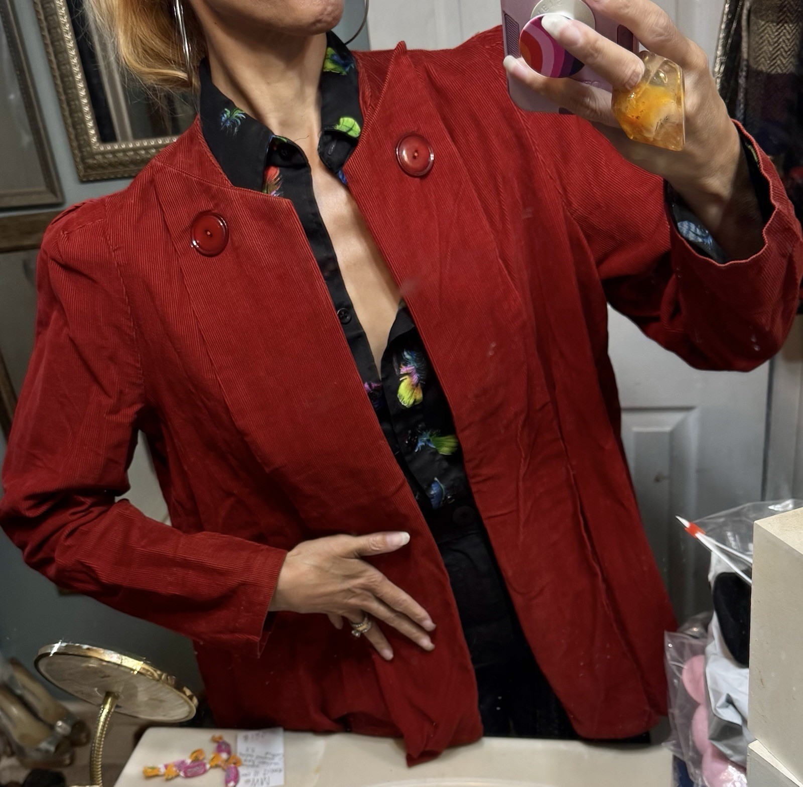 Vtg 70s Happy Legs Corduroy Jacket Puff Sleeve Pockets Blazer Red Rust S M