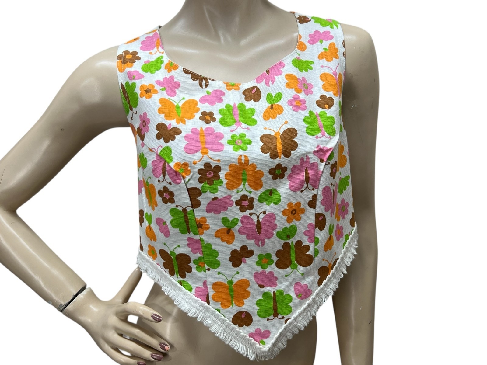 RARE NOS Vtg 60s M~L Fringed Crop Top Butterfly Flower Power Shirt FRED ENGELMAN