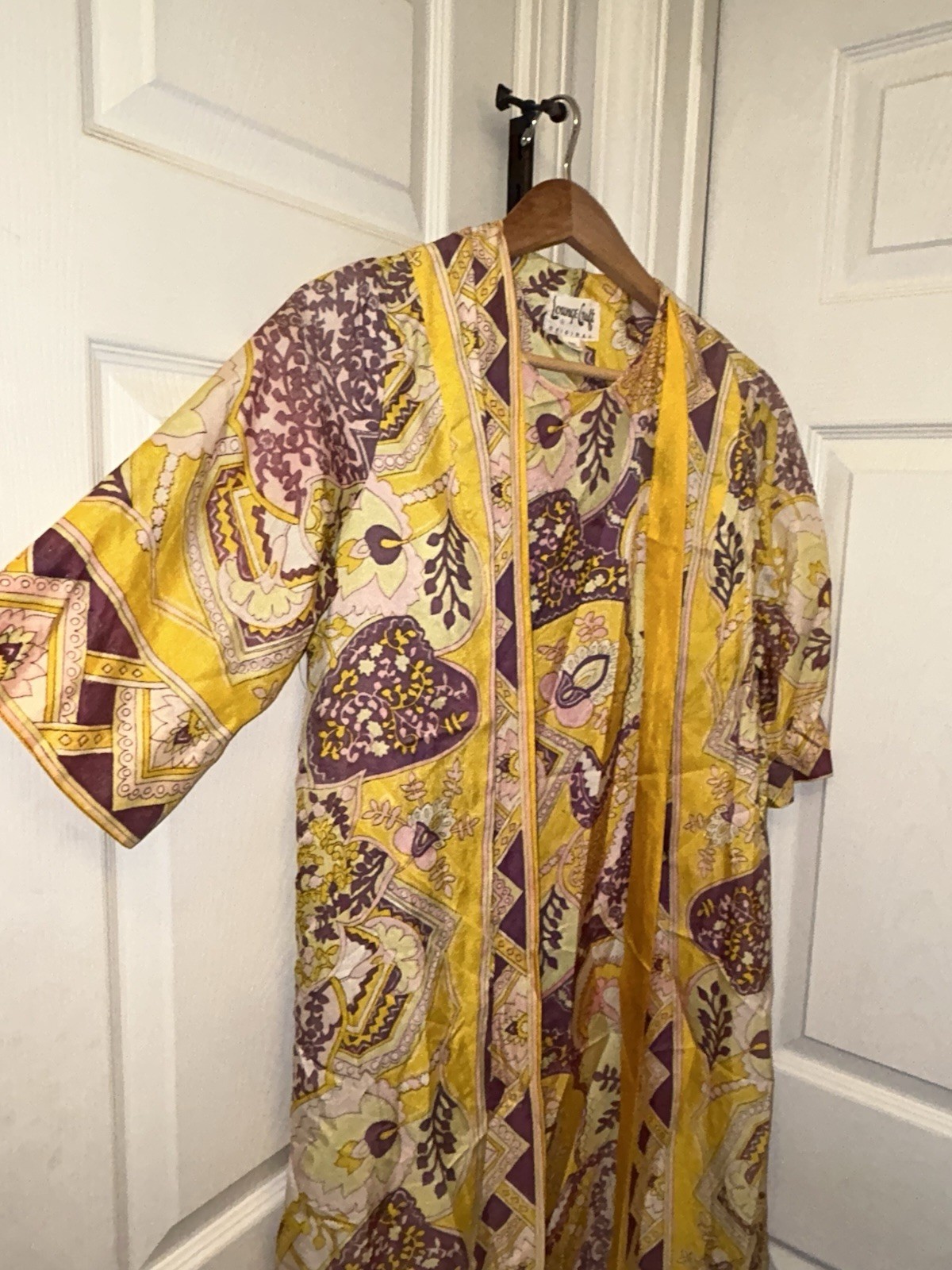 70s VINTAGE Lounge Craft Wrap Dress Hostess Kaftan Attached Jacket Maxi UNION