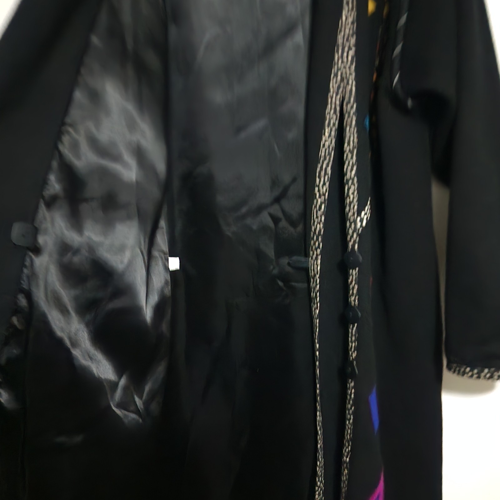 Vintage LYNN MURRAY Wearable Art Wool Coat Long Black Applique Geometric 80s 90s