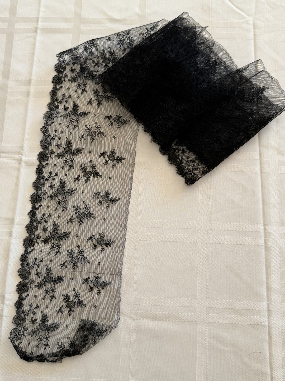 Early 1900s Black Embroidered Silk Chantilly Lace Trim Scarf 2.5 yards x 5&Prime;