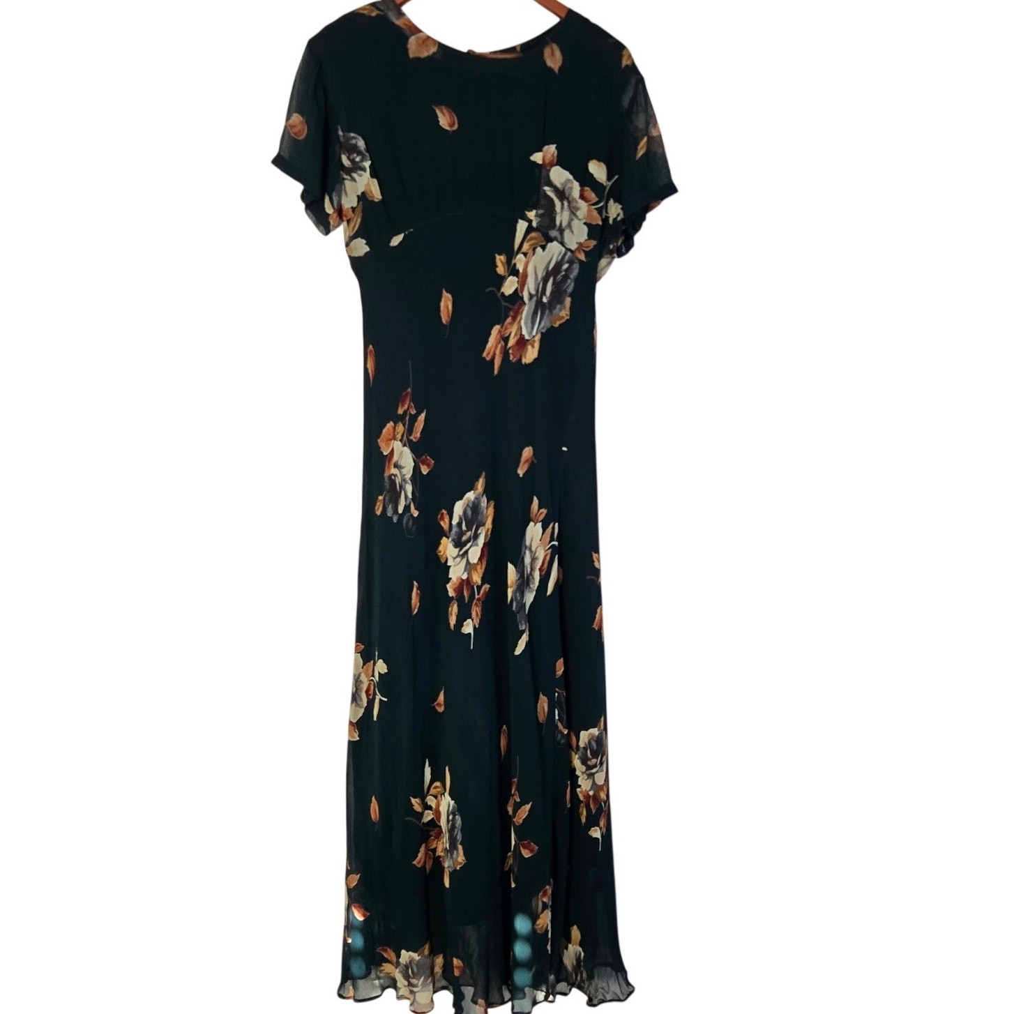 90s Y2K All That Jazz Dark Green Autumn Floral Maxi Dress Rayon Empire Waist M