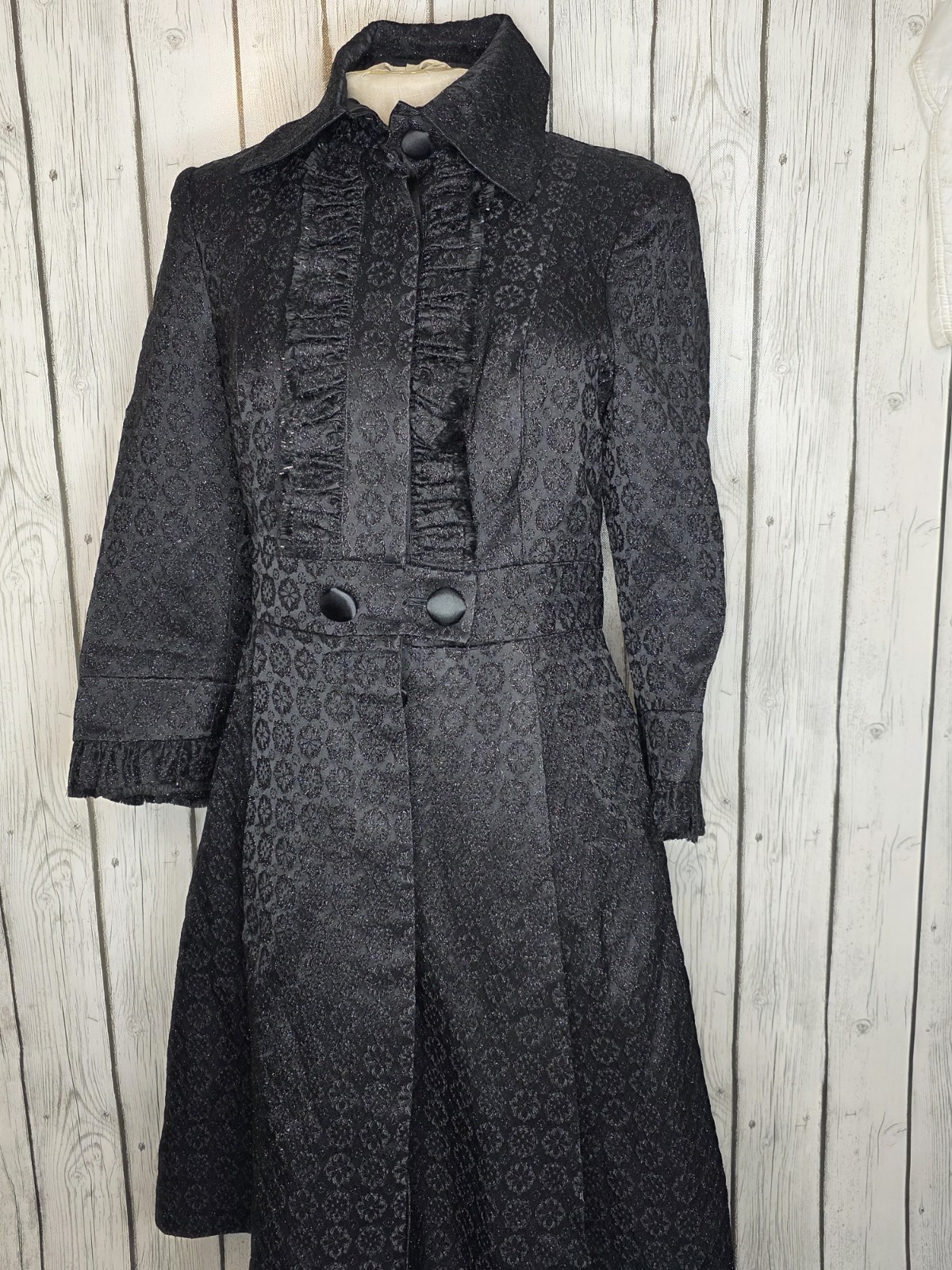 Andrea Becker Vintage Black Brocade Coat Ruffle Whimsigoth Size 8
