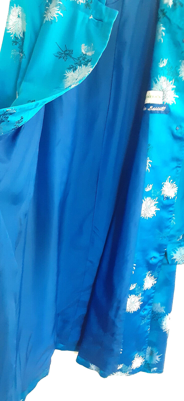 VTG Harilela&rsquo;s Custom Oriental Peacock Blue Satin Floral Swing Coat Hong Kong L
