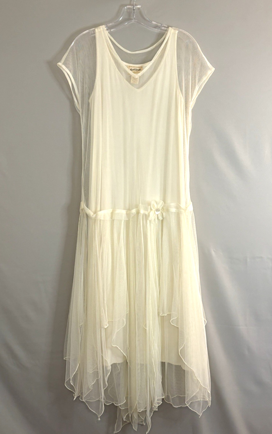 Vtg 1990&rsquo;s April Cornell Ivory Dress Mesh Overlay Handkerchief Hem 2Pc Sz XS
