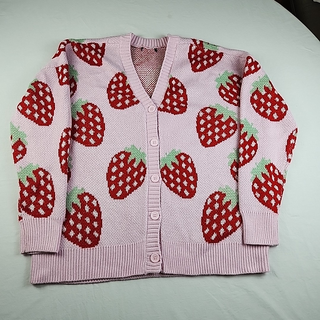 VTG 90s Womens Pink All Over Print AOP Strawberries Cardigan Sweater Size L