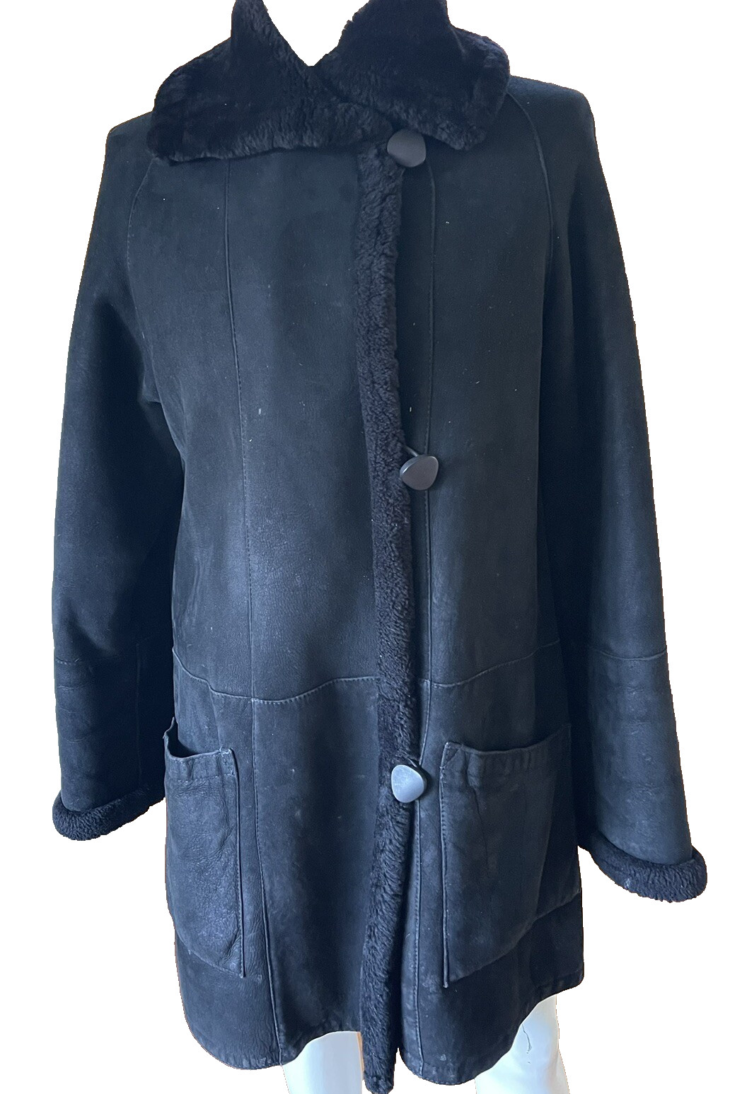 VTG Marshall Field&rsquo;s XL (XXL) Black Dyed genuine Shearling Lamb Coat Spain Swing