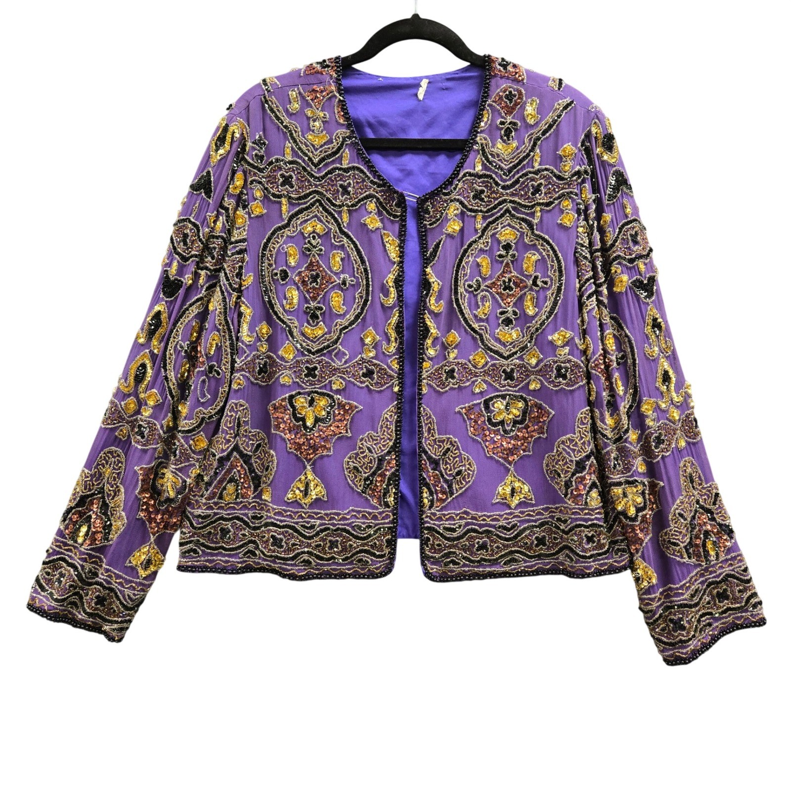Vintage Beaded Silk Jacket Maximalist XL Purple Sequin Open Festival Art Deco