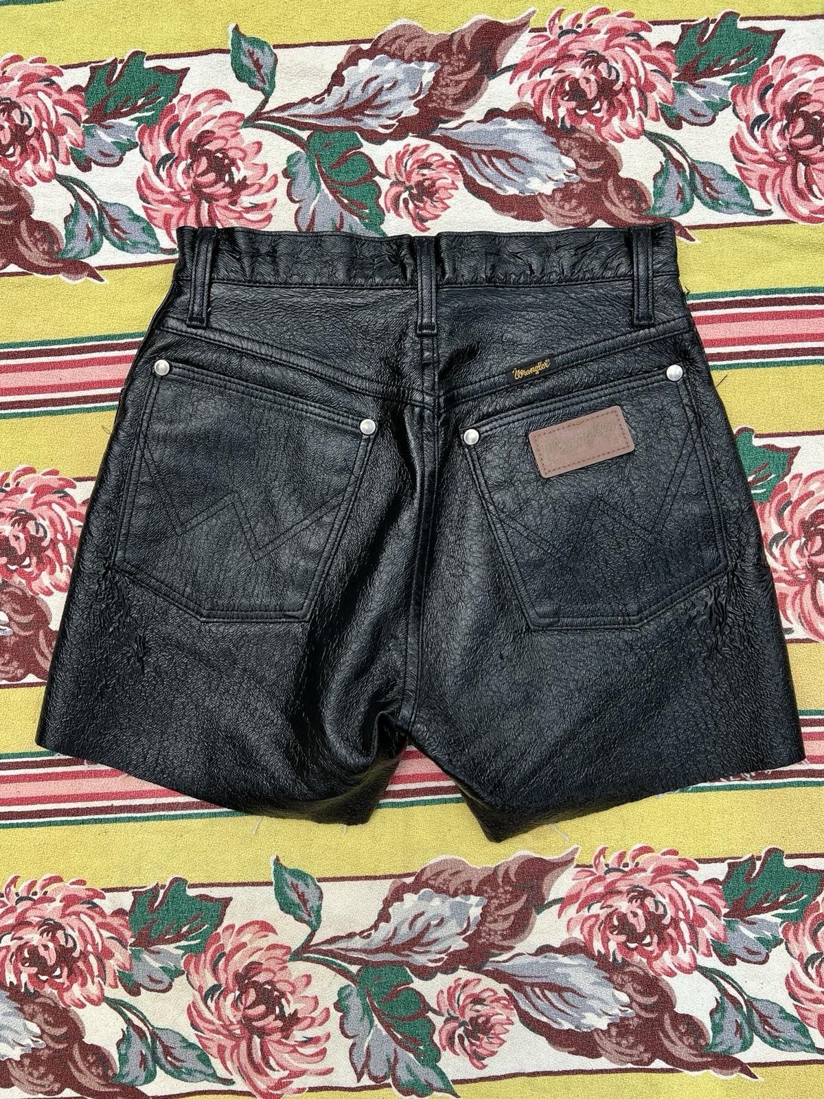 Vintage 80s Vinyl Wrangler Shorts Black Faux Leather High Waist Hot Pants Denim