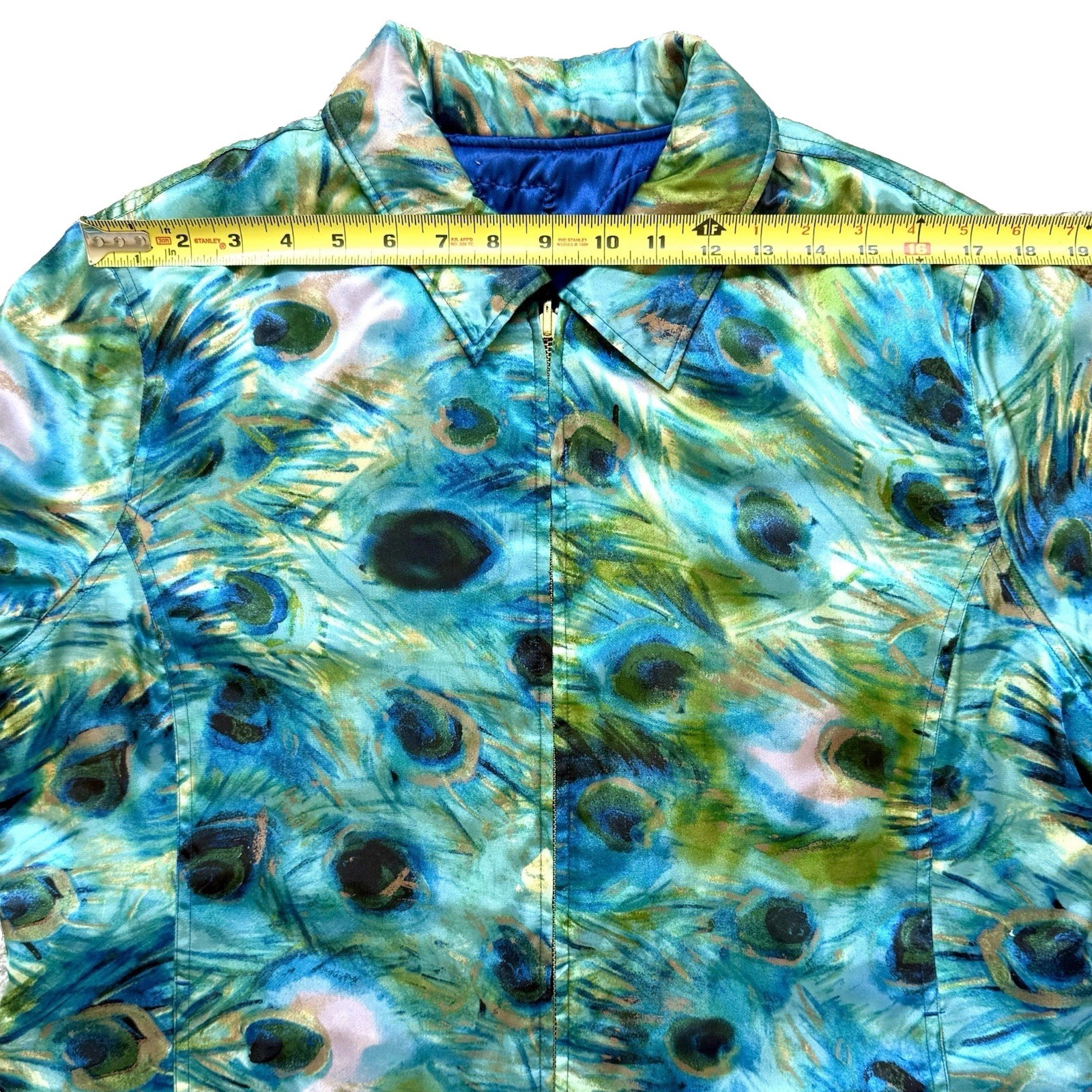 Vintage Reversible Peacock Feather Quilted Jacket Wearable Art Womens XL 80s 90s