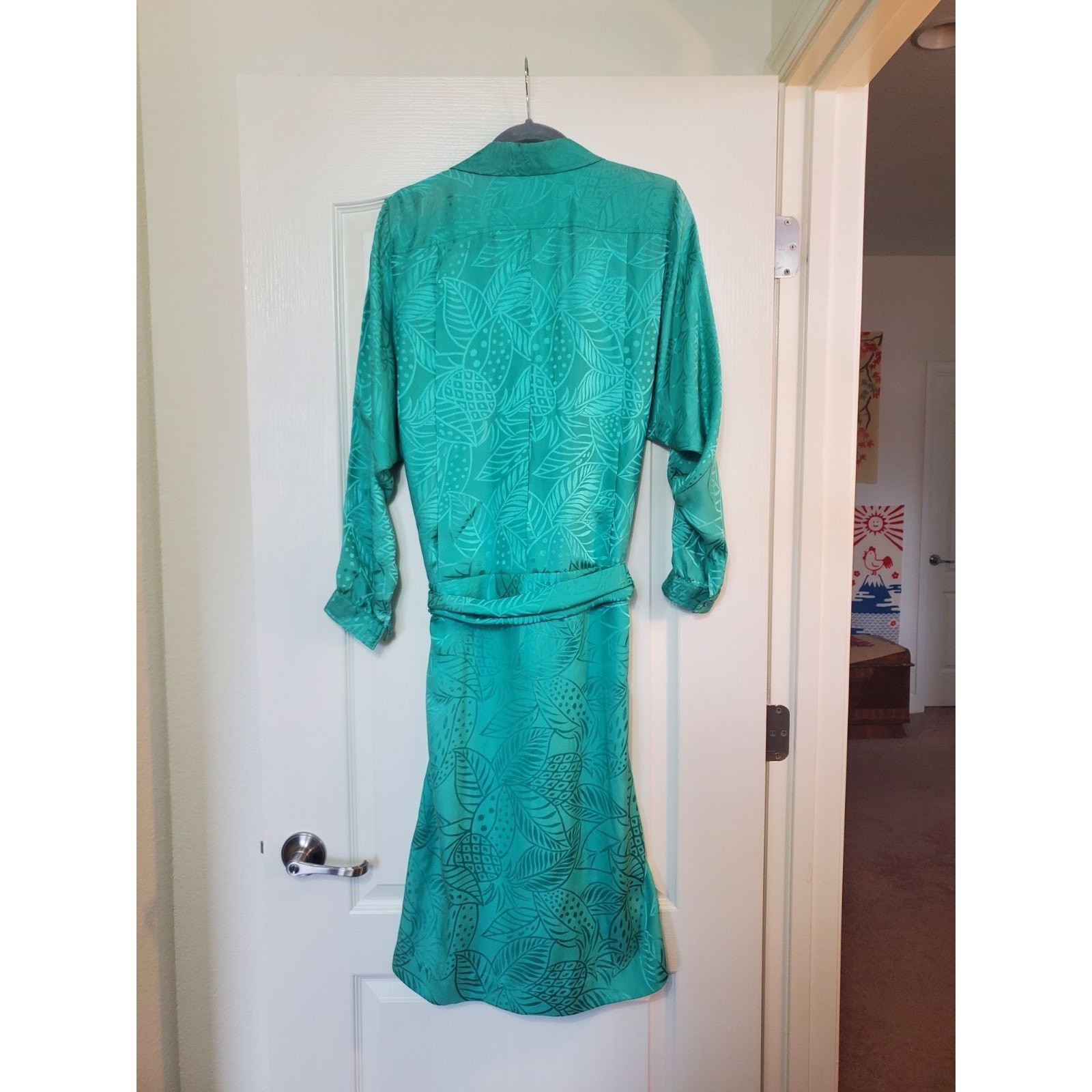 Vintage Dynasty Green 100% Silk Blouson Tie Waist Satin Retro Mini Dress, Size 8