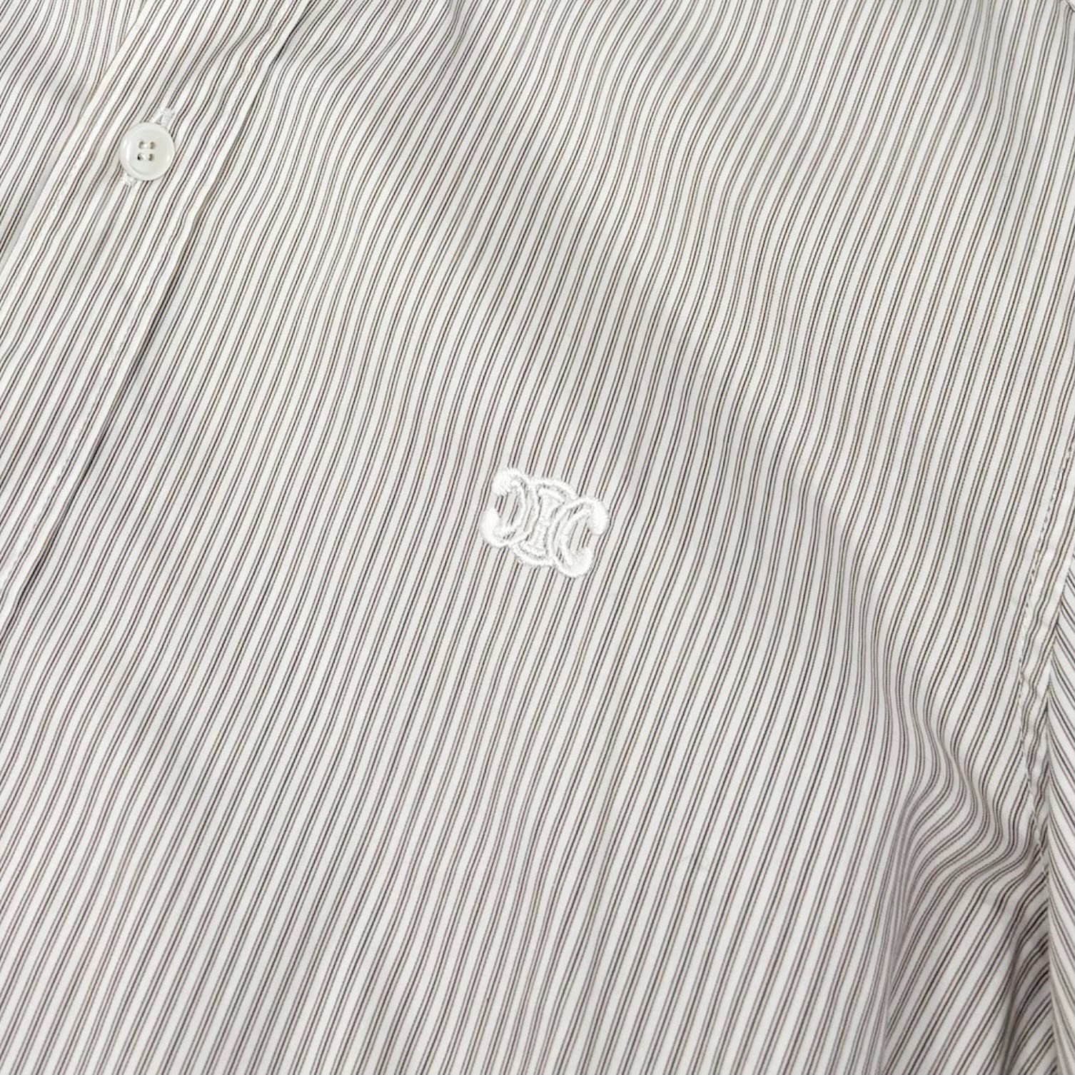 CELINE Triomphe Logo Stripe Button Up Shirt Long Sleeve #34 Brown White 901967