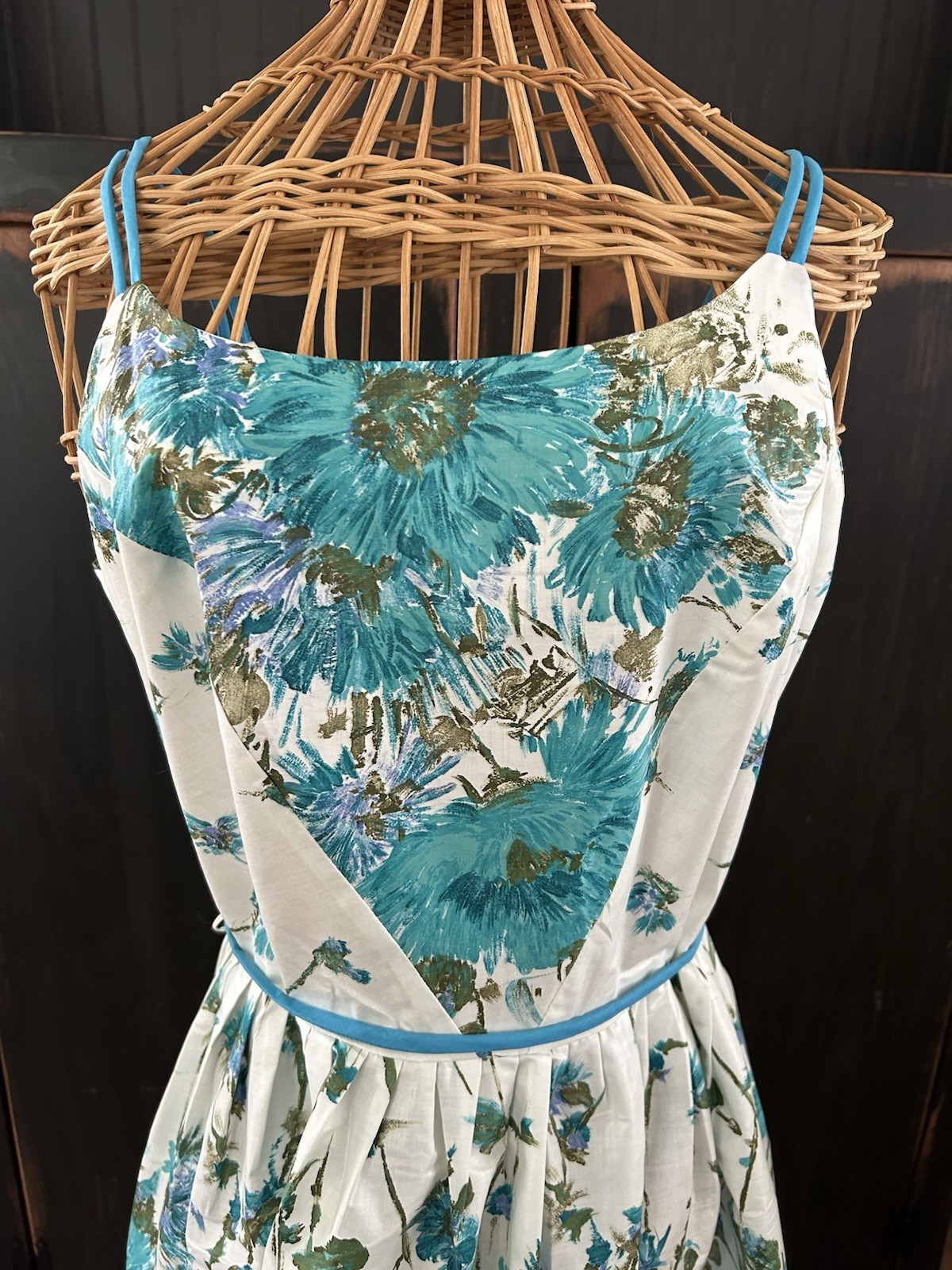 NEVER WORN Vintage TURQUOISE FLORAL DRESS Mid Century 1950s Fitted Flared Dress