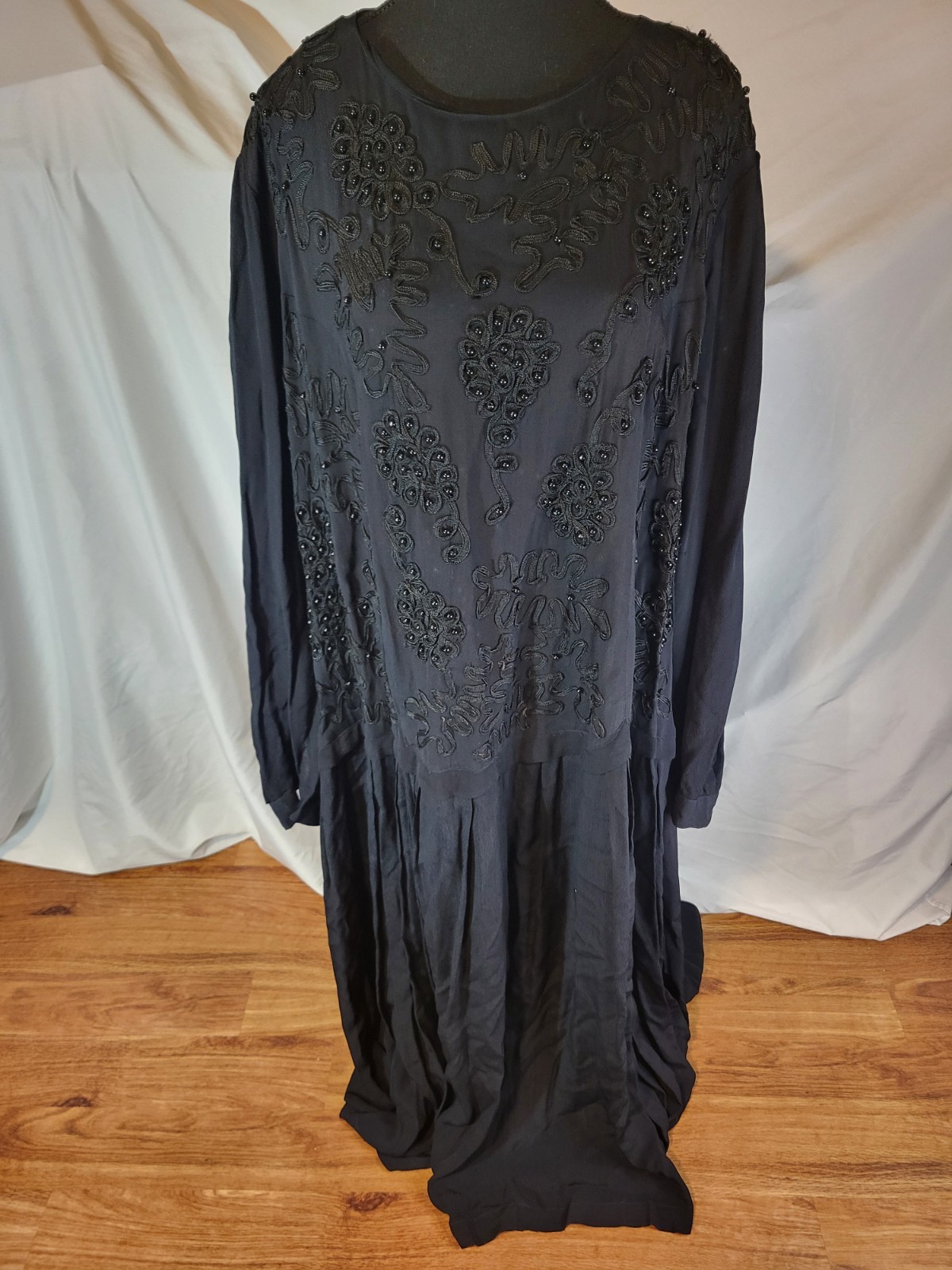 Vintage Adrian Jordan Rayon Size 32 Beaded Dropped Waist Black Dress Modest