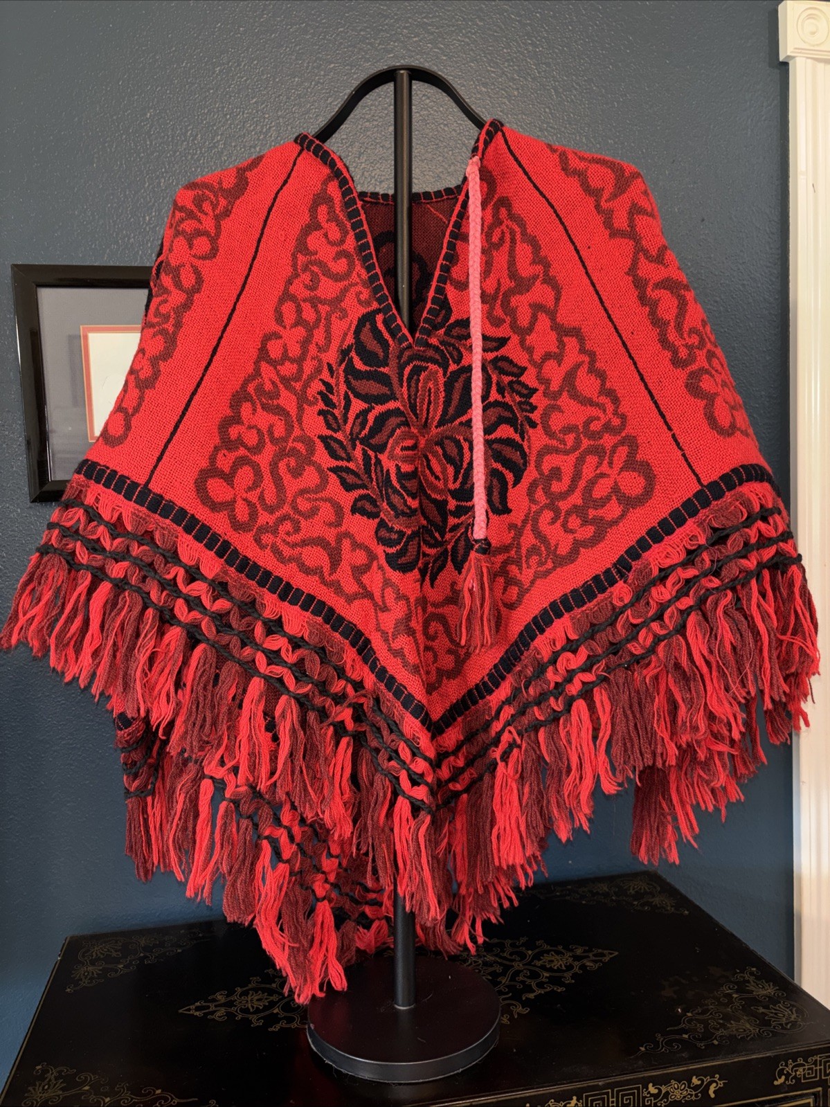 1970s Handmade Wool Red Poncho Women&rsquo;s One Size Boho Hippie