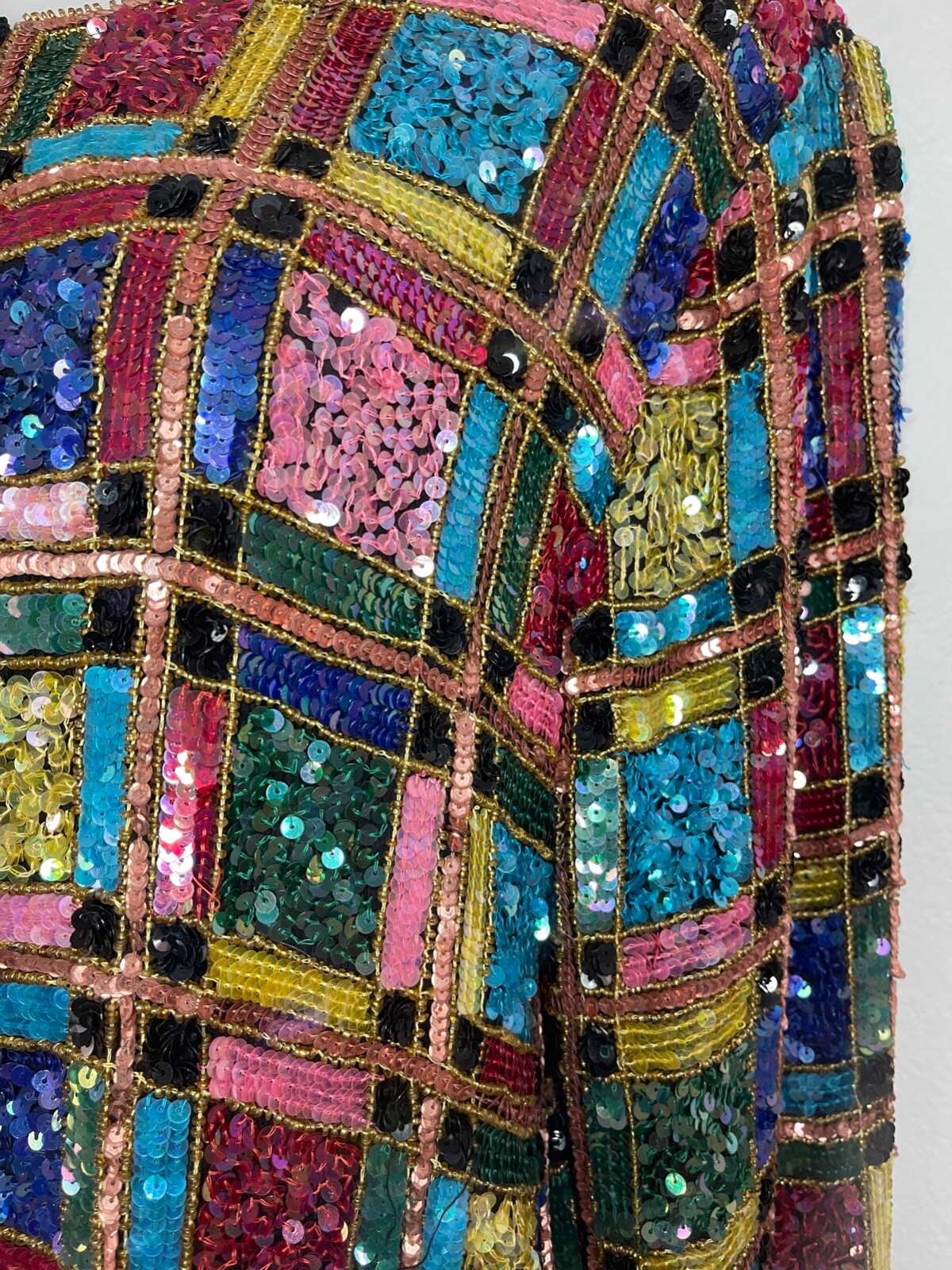 Channa Evening Jacket Sequin Embellished Silk Color Block Party Top VTG 80s M