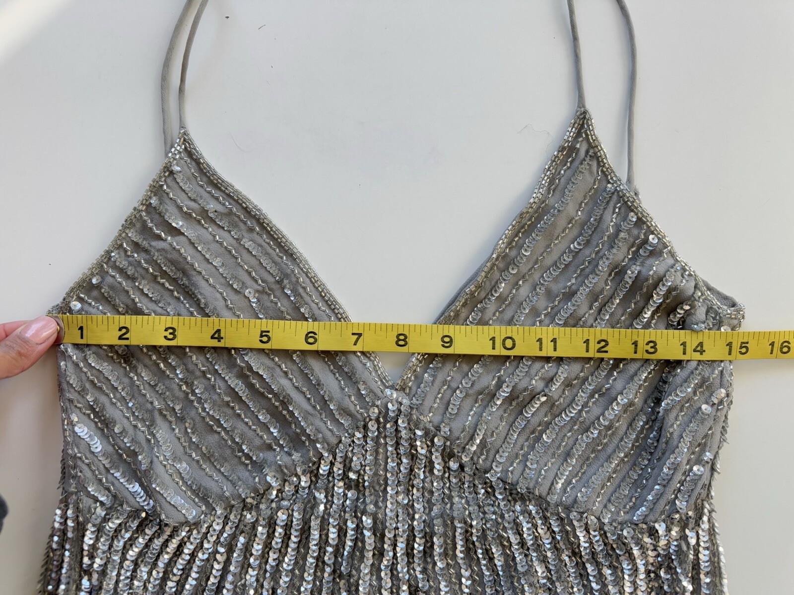 Vintage 90s Stenay Silver Grey Beaded Sequin Party Cocktail Gatsby Dress Size 8P
