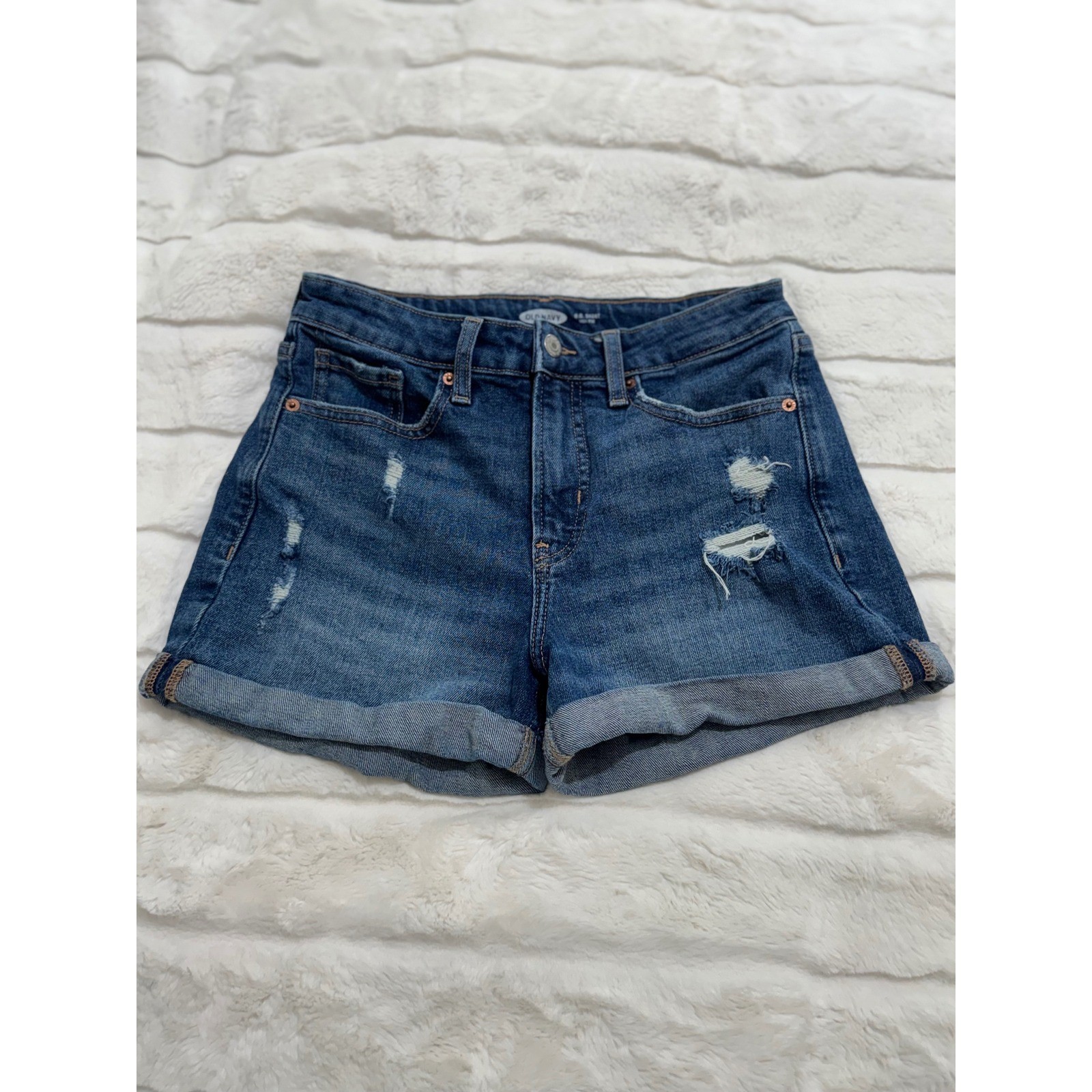 Old Navy O.G. High Rise Distressed Cuffed Denim Shorts Women&rsquo;s Size 4 Blue