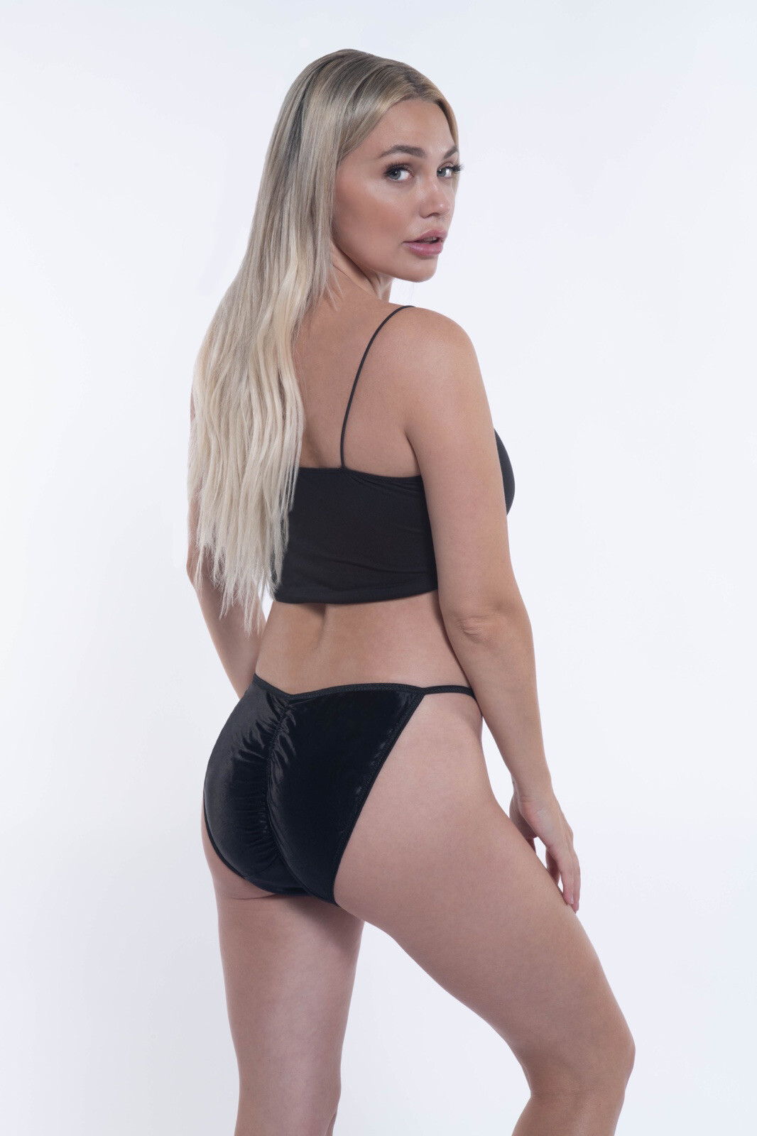 Satin String Bikini Scrunch Butt Black L/7