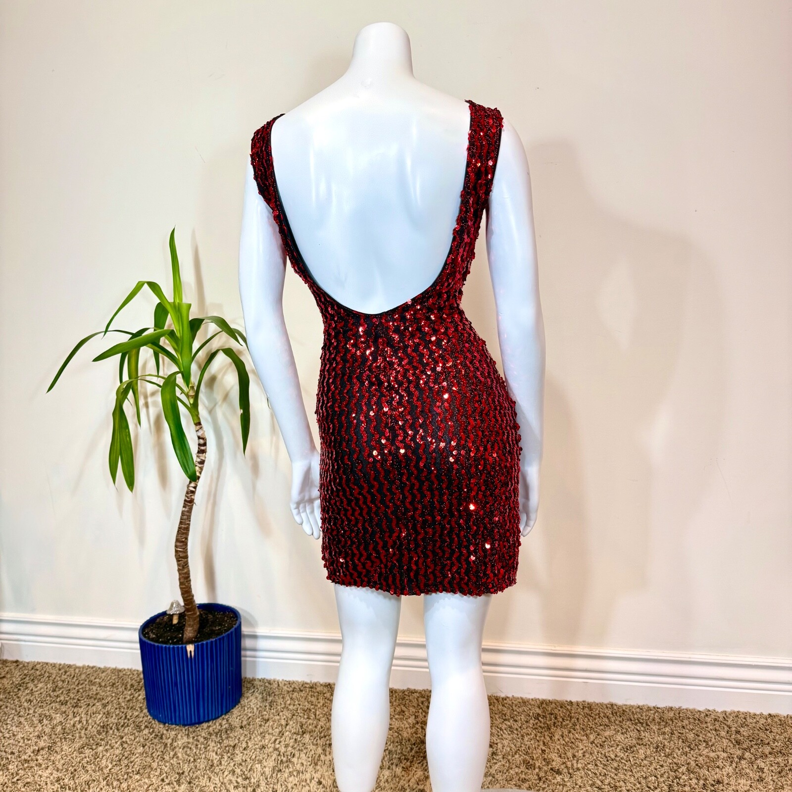 Vintage 80’s RED SEQUIN BODYCON MINI DRESS S Party Prom Disco Slip Wiggle Sexy