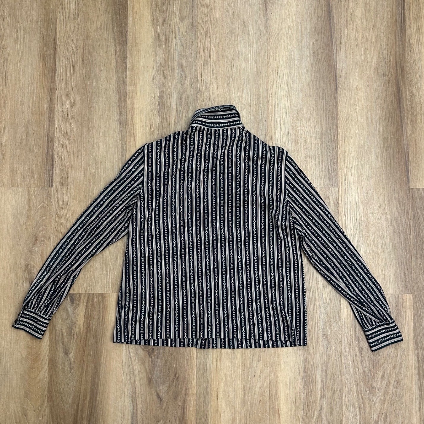 Celine Paris Vintage Striped Chain Link Button Down Shirt Black Cotton 46 luxury