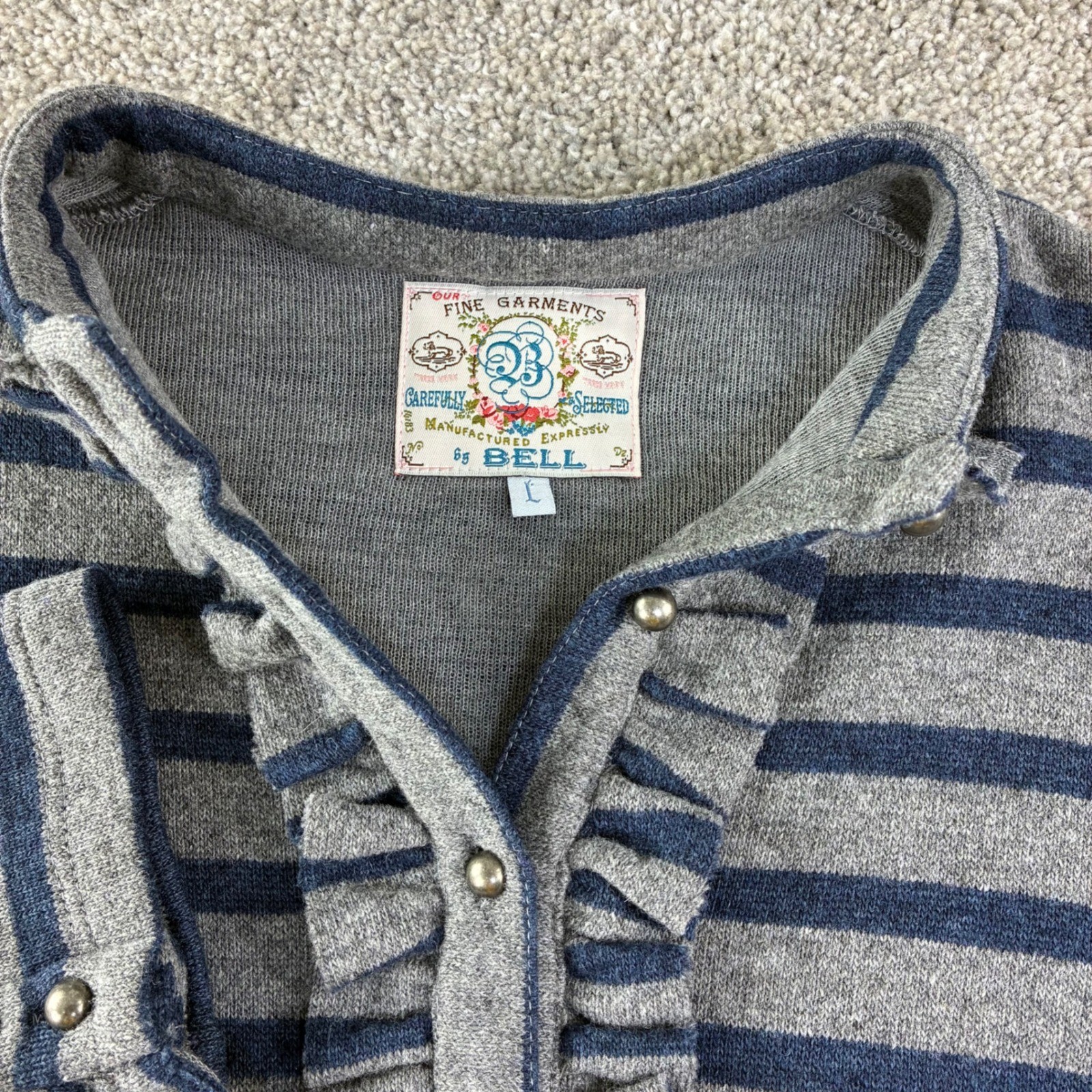 Fine Garments by Bell Wool Blend Striped Dress L Blue Striped Ruffle Neck A Line