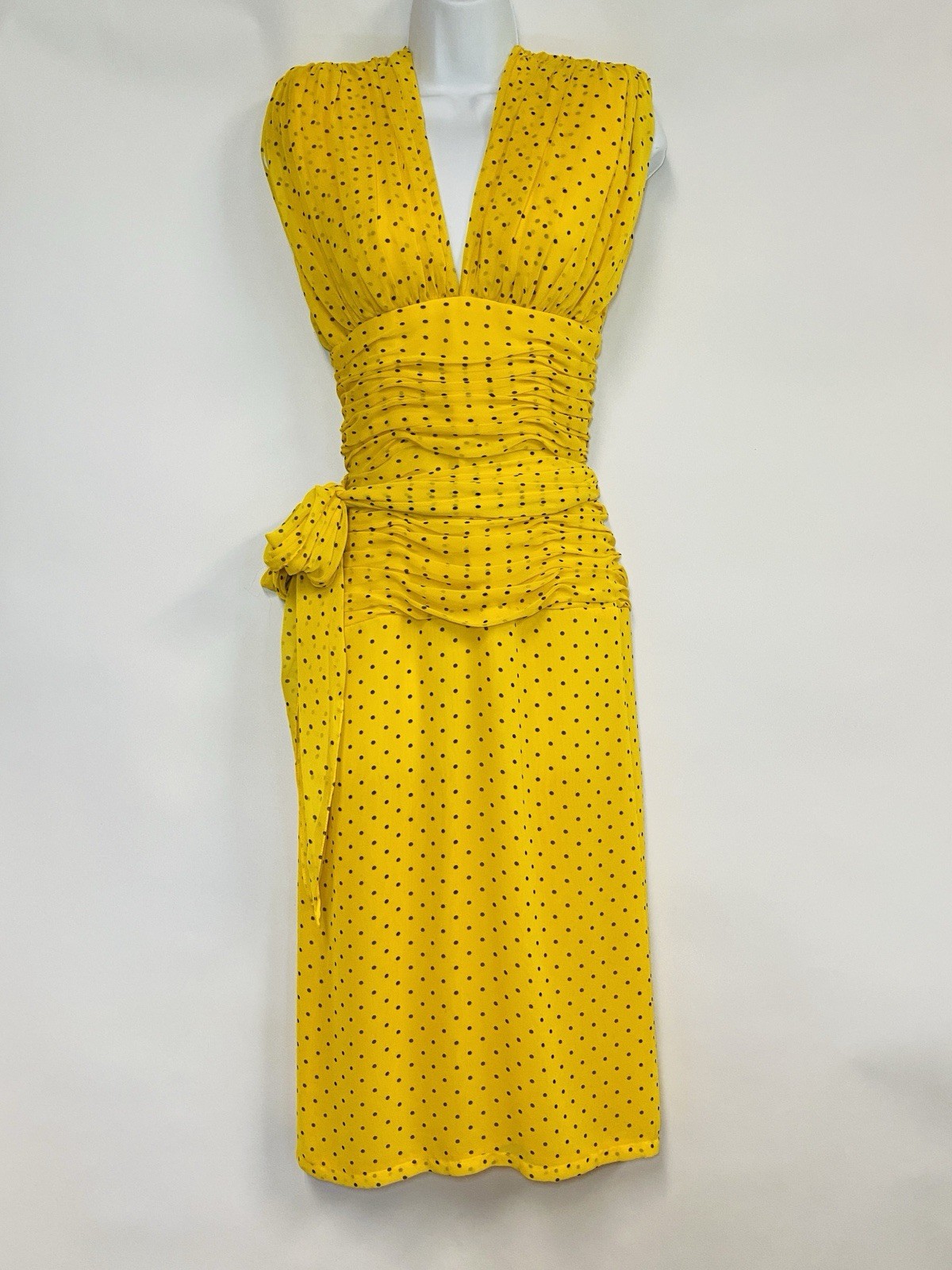 WAYNE CLARK Vtg 80s Yellow Brown Polka Dot Chiffon Draped Dress Floaty Scarf W30