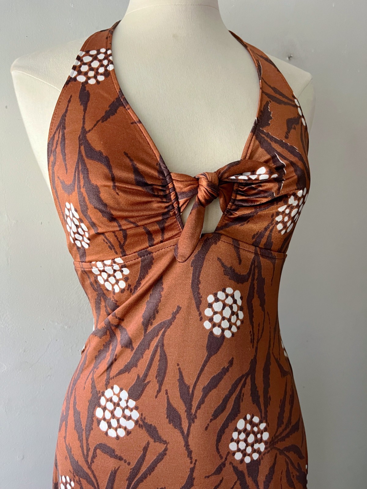 Vintage 70s Copper Rust Floral Halter Maxi Dress Boho Small Medium