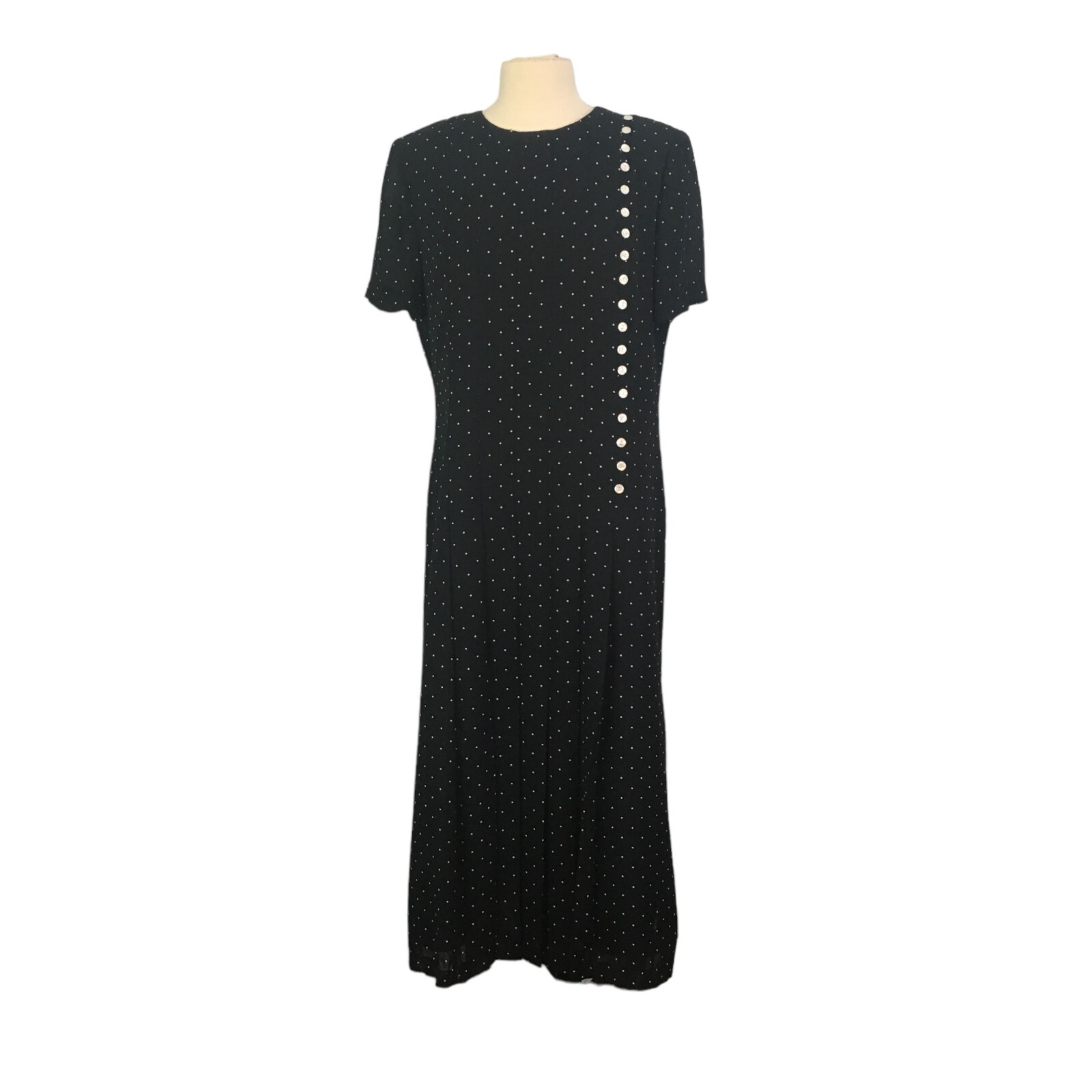 MHM Melissa Harper Vintage Black Polka Dot Pleated Sheath Dress, sz 12, 40 bust