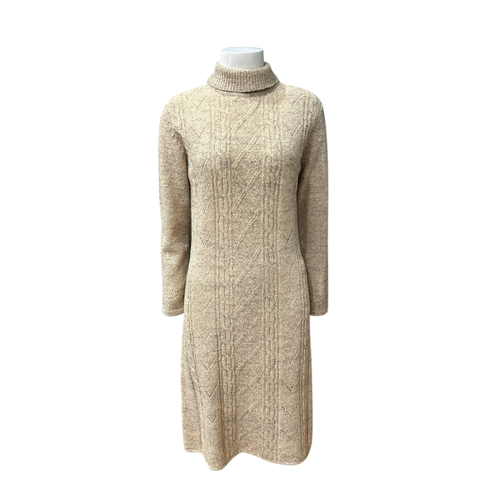 Vintage 1960s Oatmeal Wool Cable Knit Dress Turtleneck Sweater / Women’s S/M ^