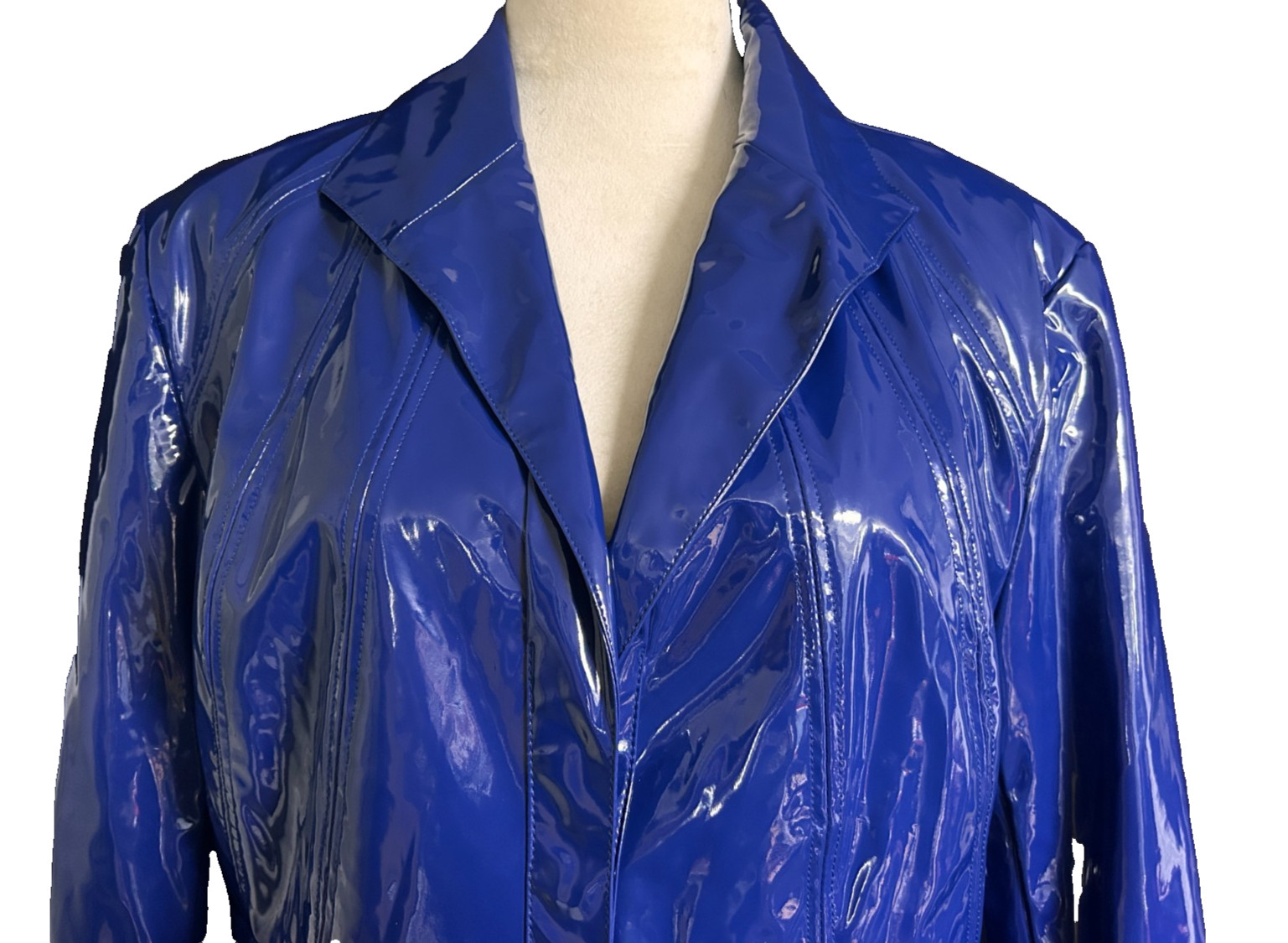 VTG 90s Does 60s Bright Blue Vinyl Mod Pamela McCoy Patent Rain Jacket Size L