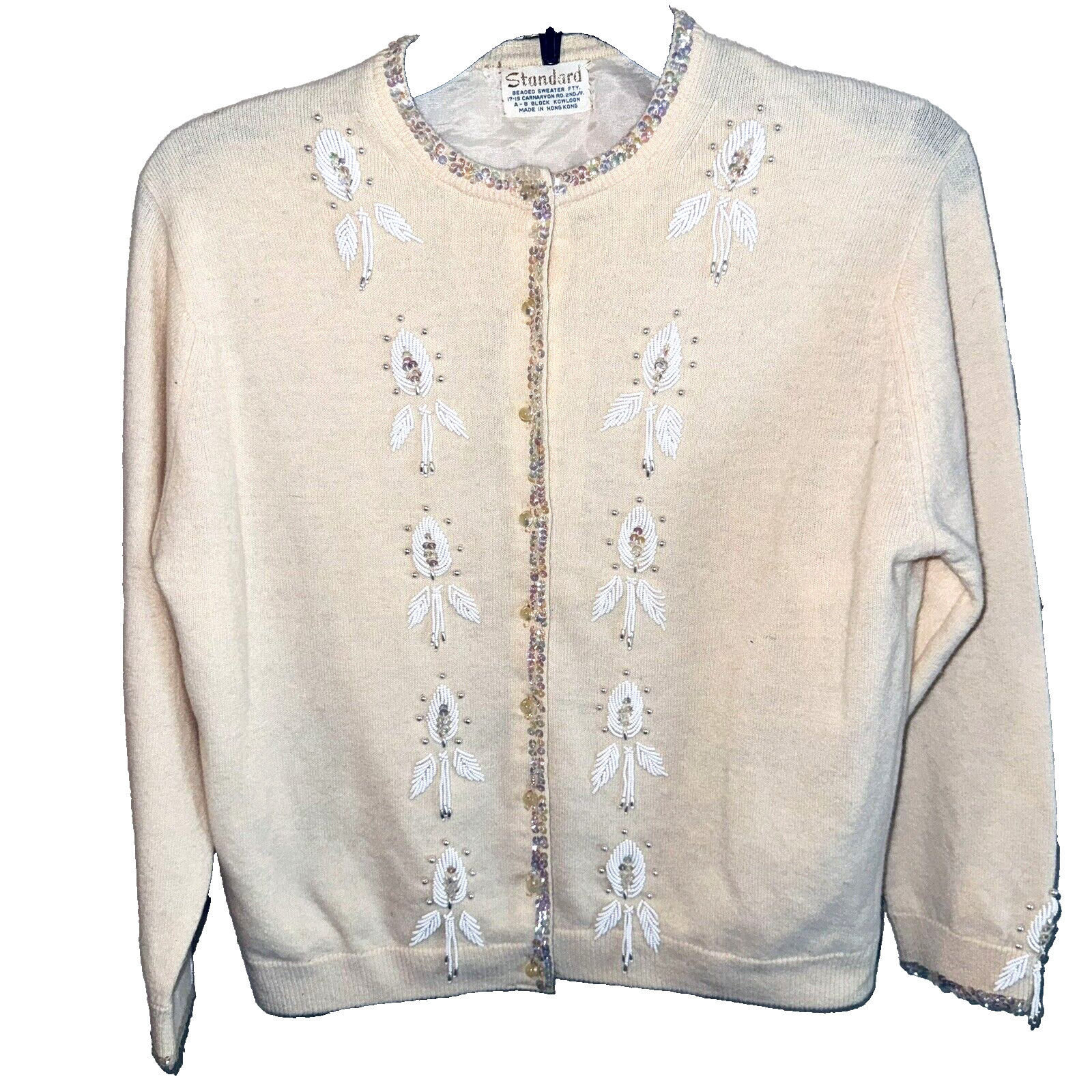 Vintage 1950s Lemon Yellow Beaded Cardigan Sweater STANDARD Kowloon Hong Kong