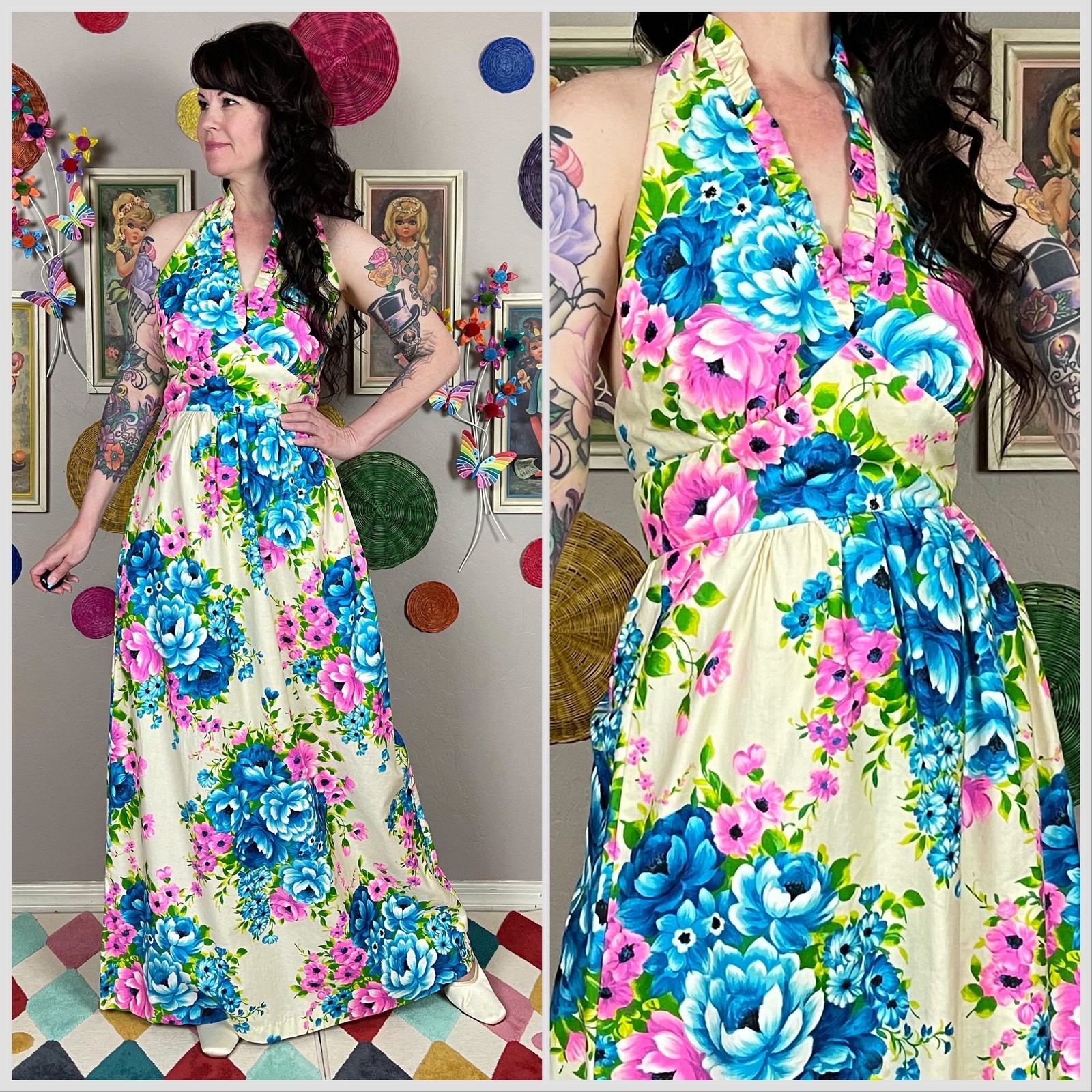 Vintage 1970s Floral Cotton Open Back Halter Maxi Dress | 26&Prime;-27&Prime; Waist