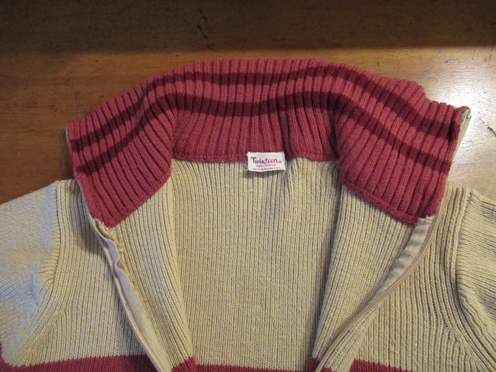 Vintage 1970s zip front collared cardigan stripe dark Teal Rose Maroon Sz M