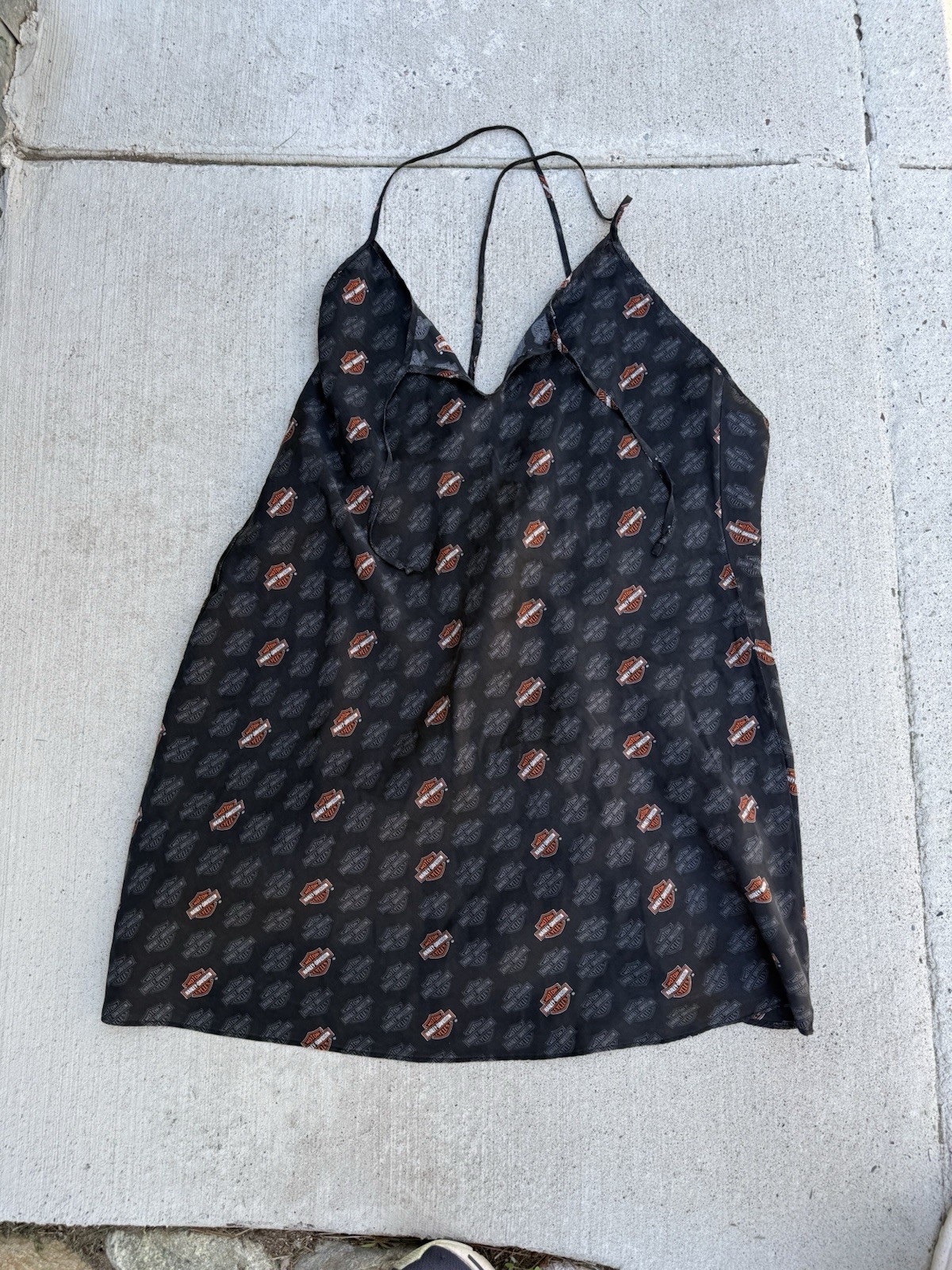 Vtg Harley Davidson 100% Silk Nightgown Chemise Lingerie All Over Print Logo XL