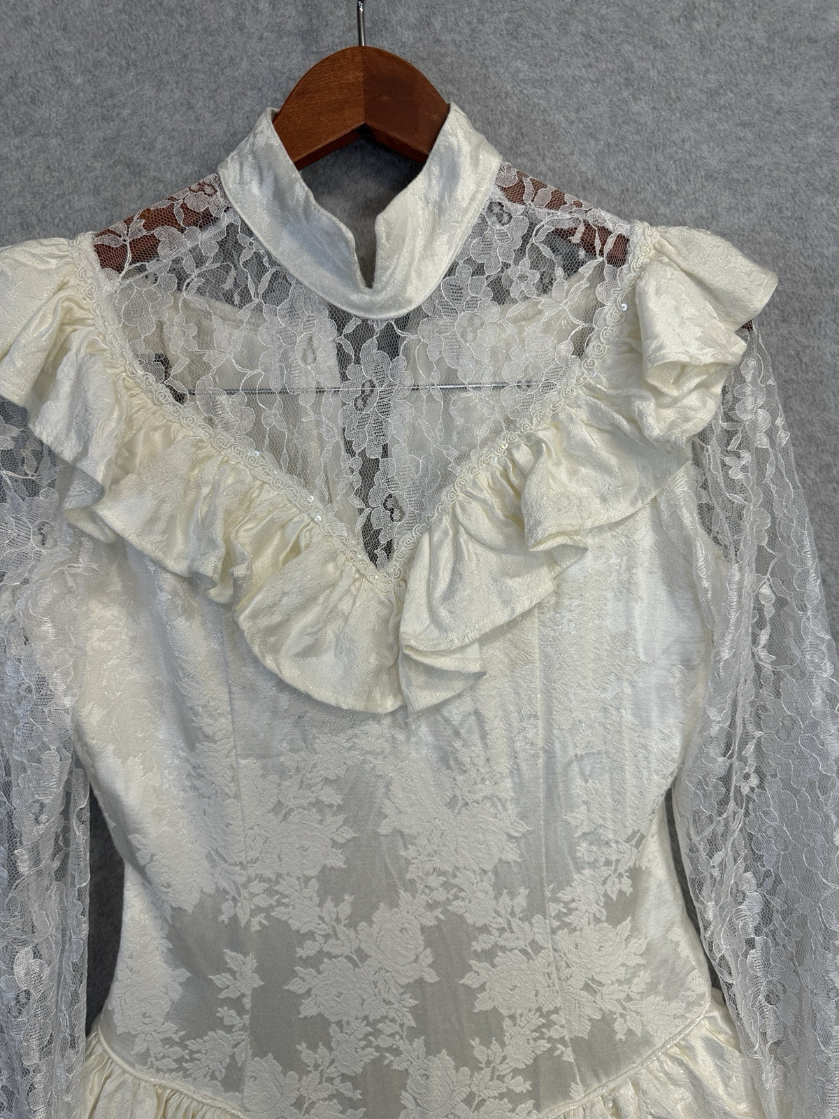 VTG 80s Roper Rustic Ivory Lace Jacquard Prairie Victorian Dress Womens 5/6 USA