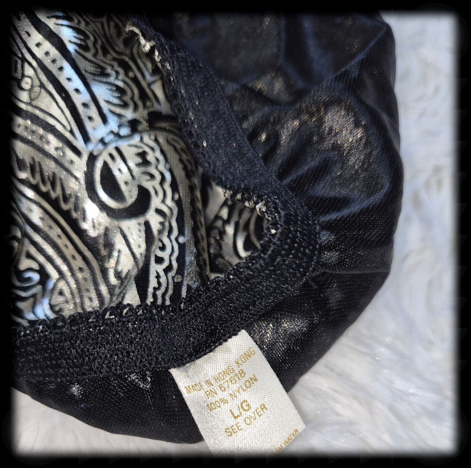 Vintage SILVER Metallic HI-RISE String Bikini PANTIES Shiny Foil Print 7/8 L-XL