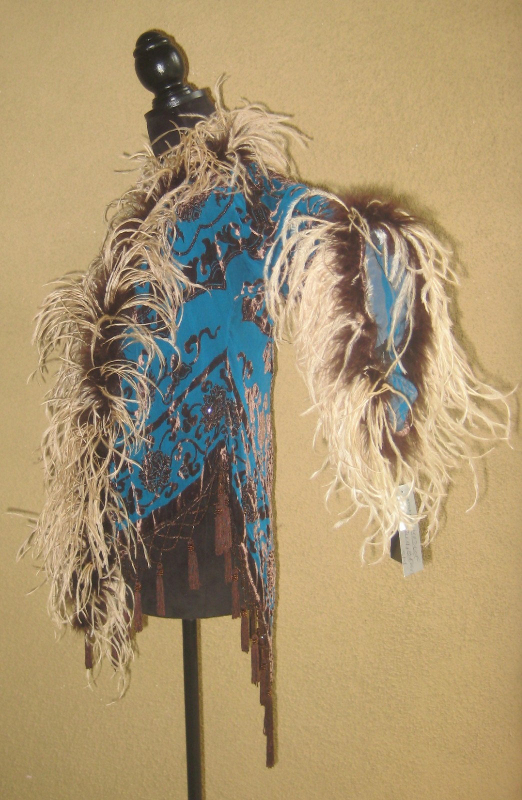 Vintage w/tag Mina Collection turquoise burnout kimono feathers sleeves wrap S/M