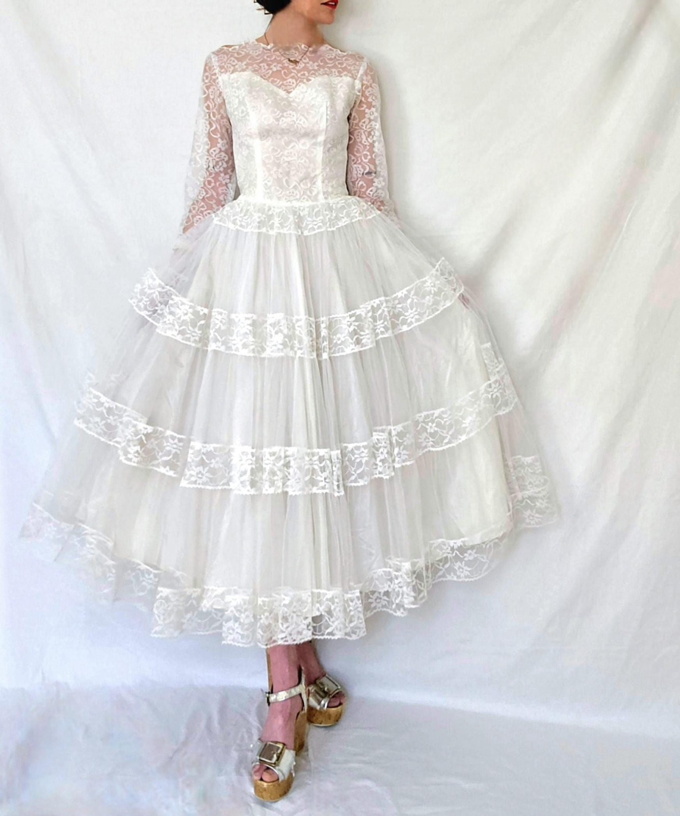 1950s Tea Length Wedding Dress: Vintage Tulle and Lace Bridal Gown, S