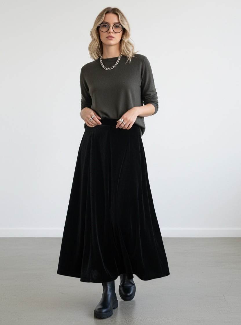 Vintage Traditions by Pamela Kline Cottagecore Black Long Velvet Skirt w Pockets