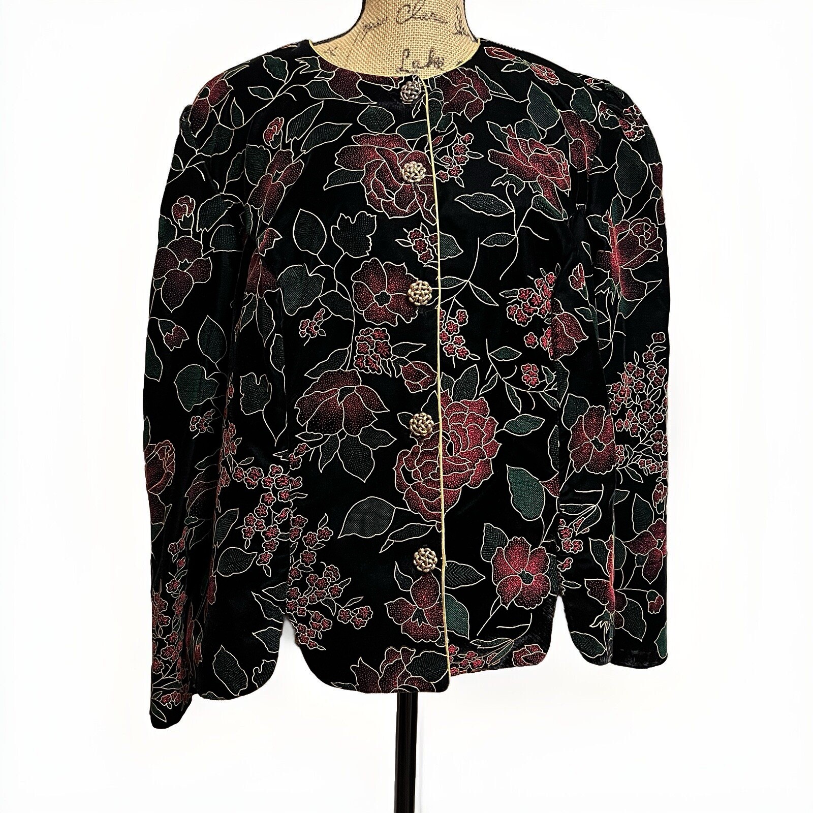 Another Thyme Vintage Velvet Floral Jacket Black Red Rose Gold Trim Size 20