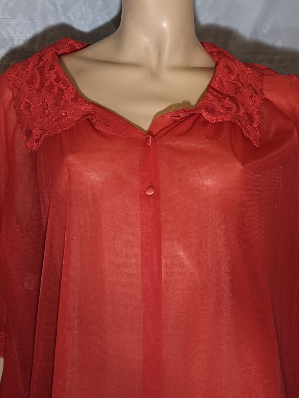 Vintage TEXSHEEN Red DOUBLE CHIFFON Lingerie Dress Satin Buttons Peignoir Robe M
